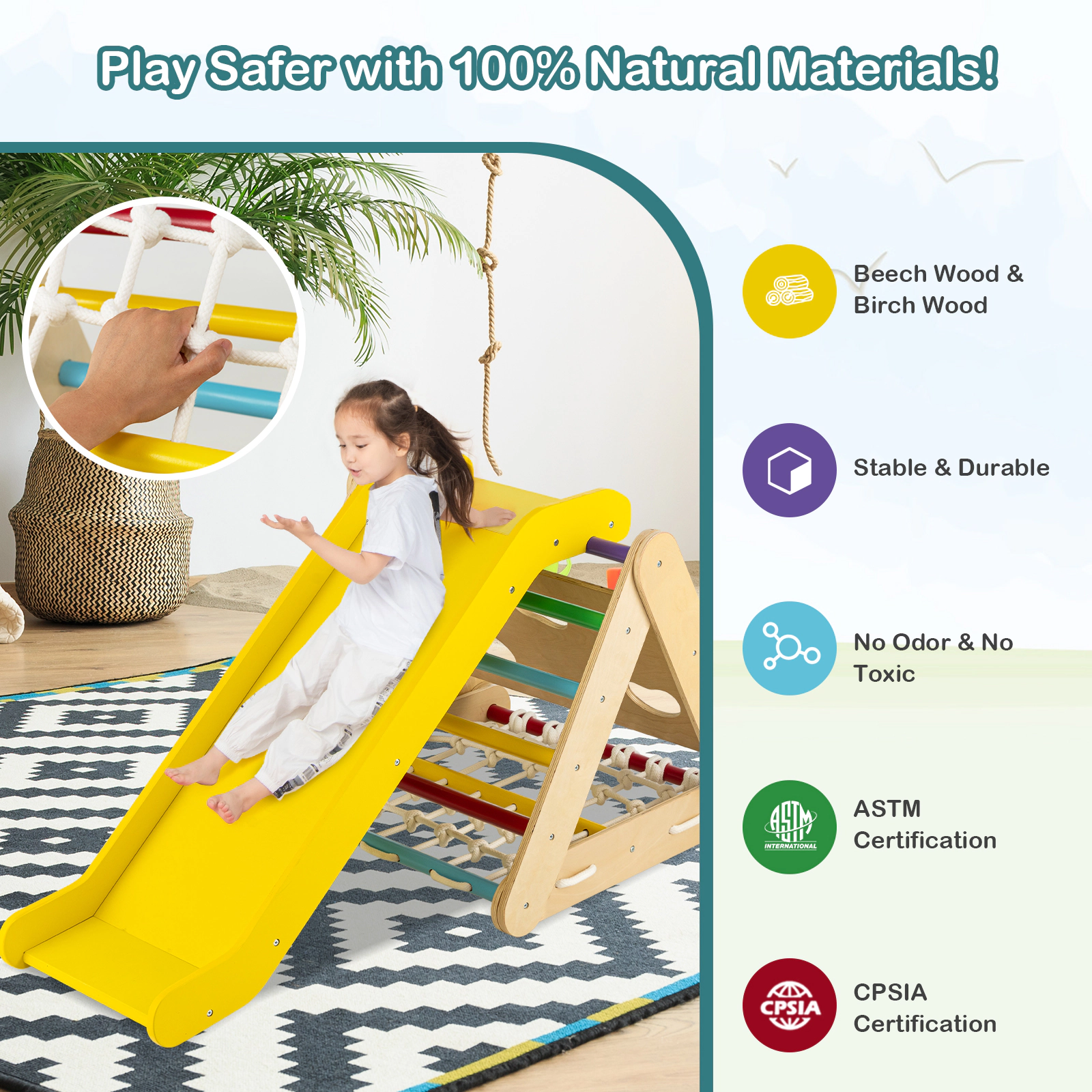 SUGIFT Sliding Board and Climbing Net 4-in-1 Wooden Kids Triangle Climber Toy
