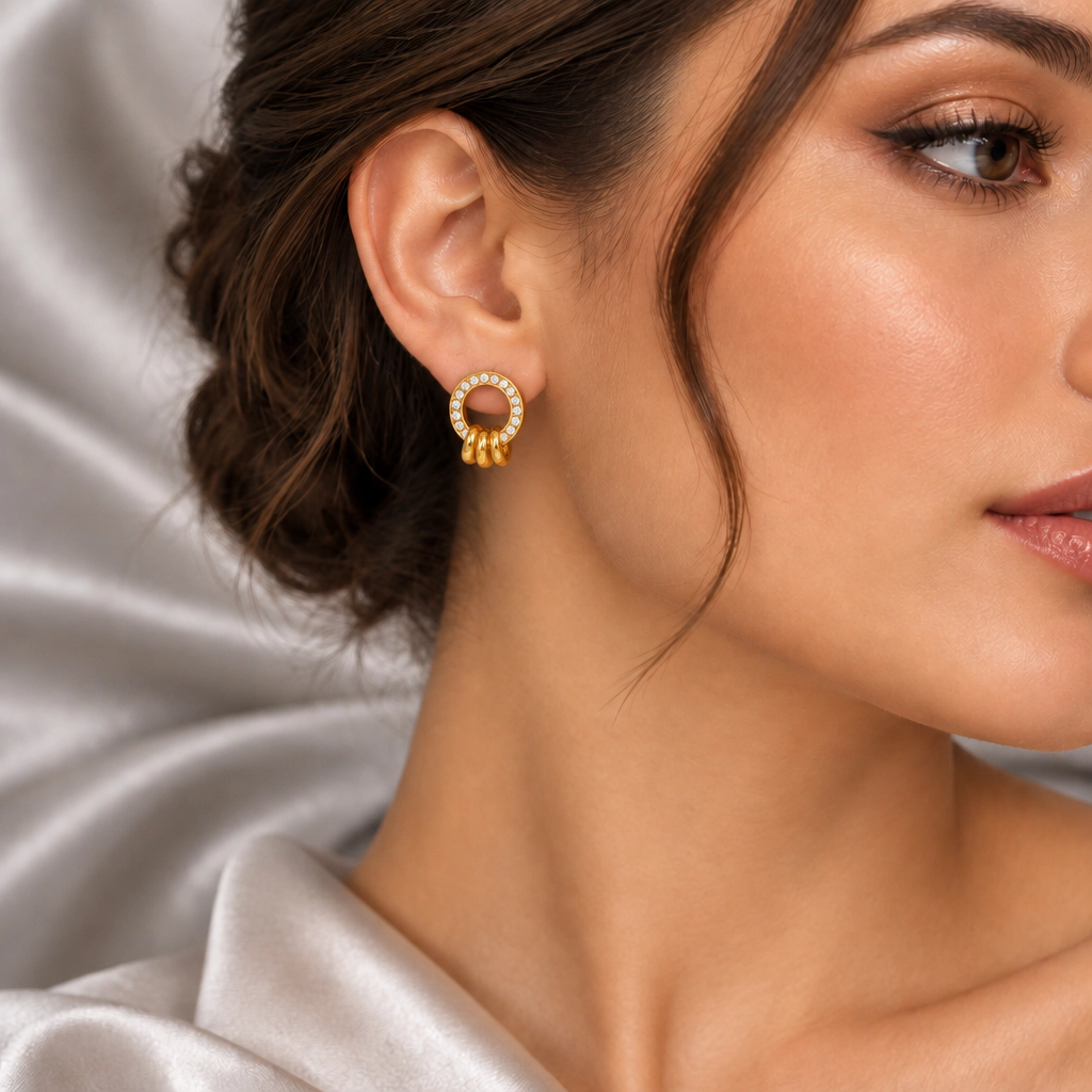 DressAtR Women's Double Ring 18K Gold Plated Earrings