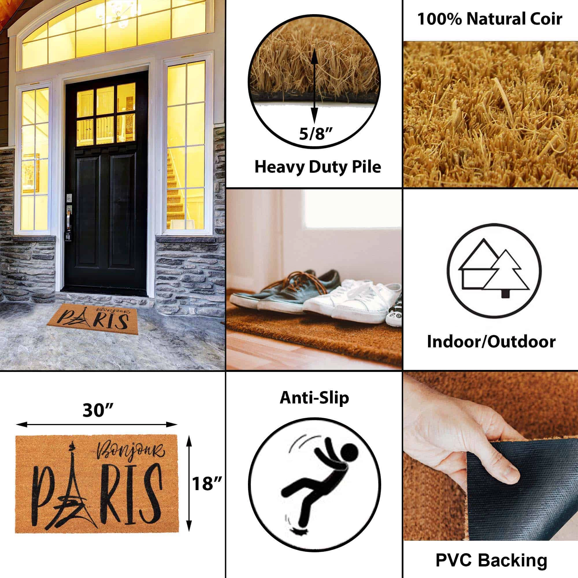 Evideco French Home Goods Natural Bonjour Paris Coir Doormat 30 x 18 Inches