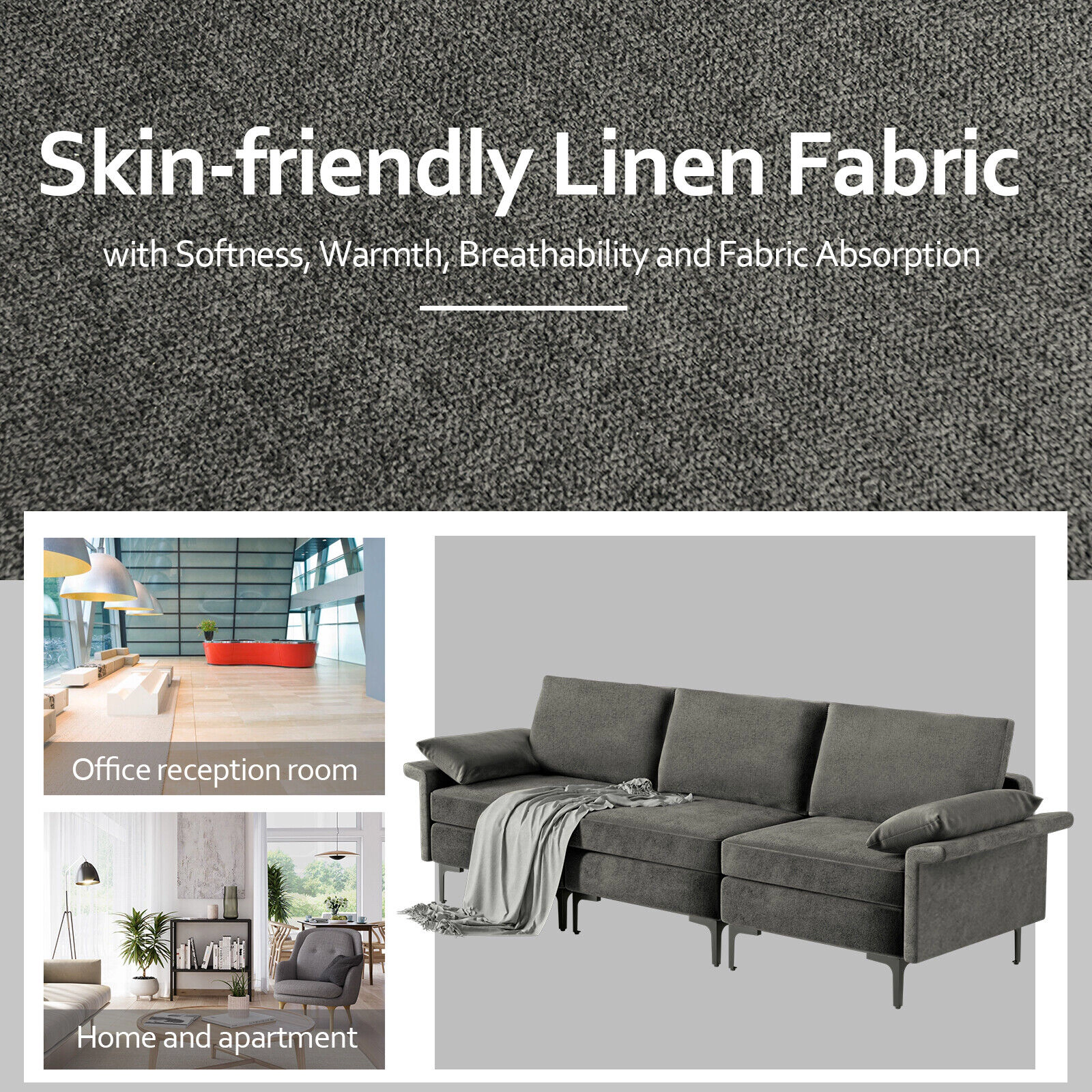 Hivvago Spacious 3-Seater Sectional Sofa with Sleek Metal Legs for 3–4 People