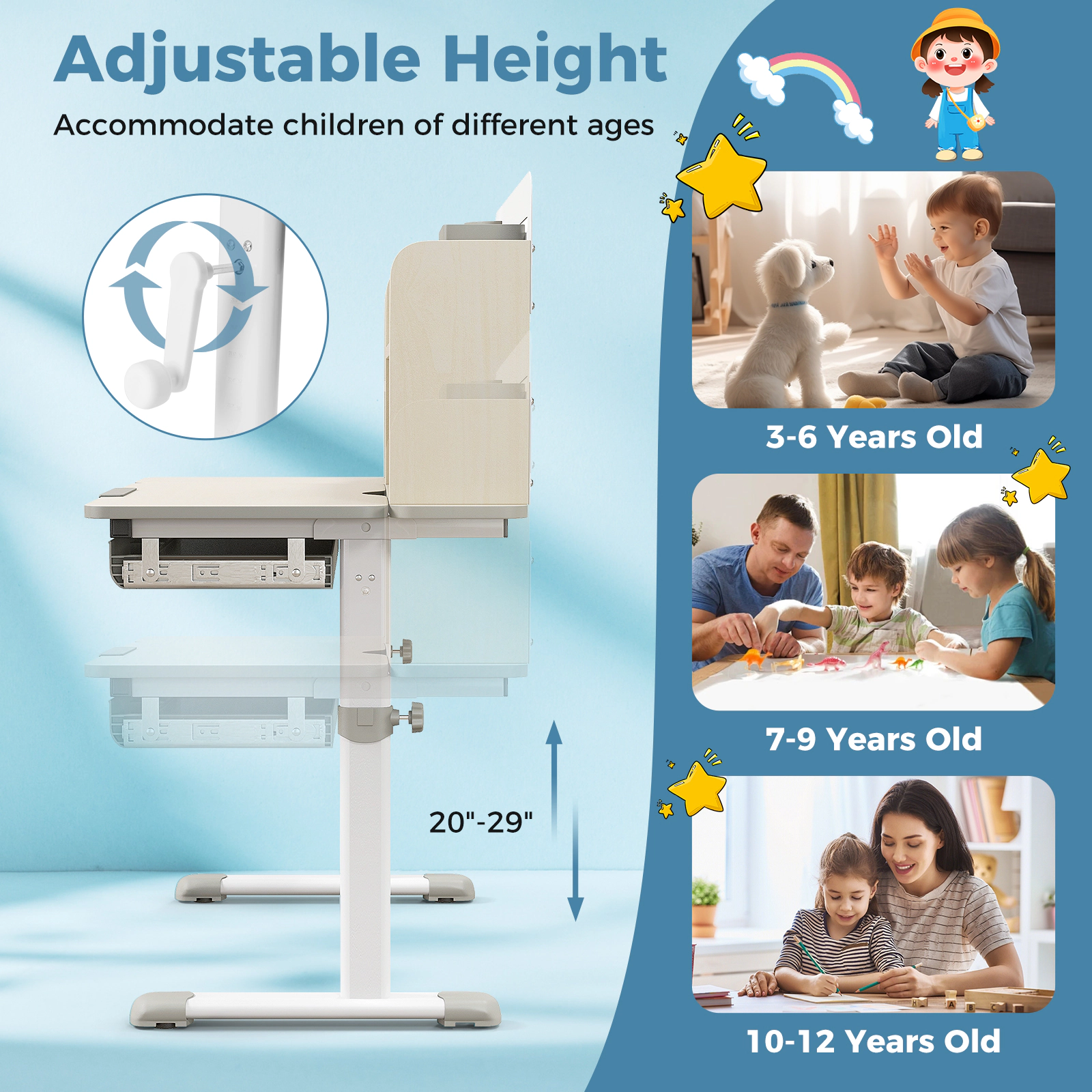 SUGIFT Height Adjustable Kids Study Desk & Chair Set Tiltable 24-in Desktop 220-Lb Capacity Ages 3-12 Blue Pink Gray