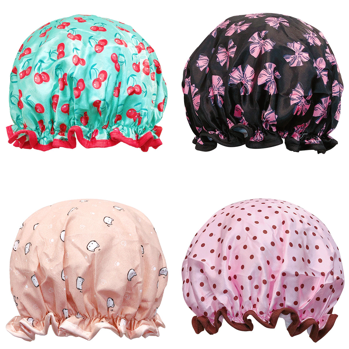 Wrapables Women's Stylish Double Layer Waterproof Shower Caps (Set of 4), Dots, Cherries & Kitties