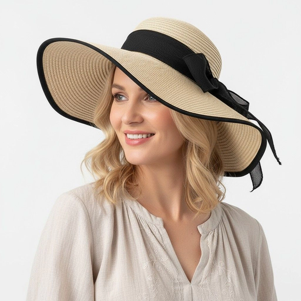 Anna-Kaci Women's Women Wide Brim Straw Sun Hat with Bow Tie Summer Beach Floppy UV Protection
