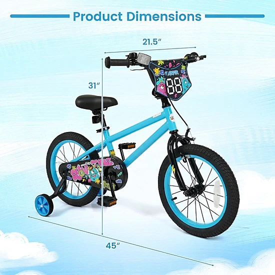 16-in Kids Bike for Boys Age 4-7 with Detachable Training Wheels Hand Brake and Rear Coaster Brake Kids Bicycle