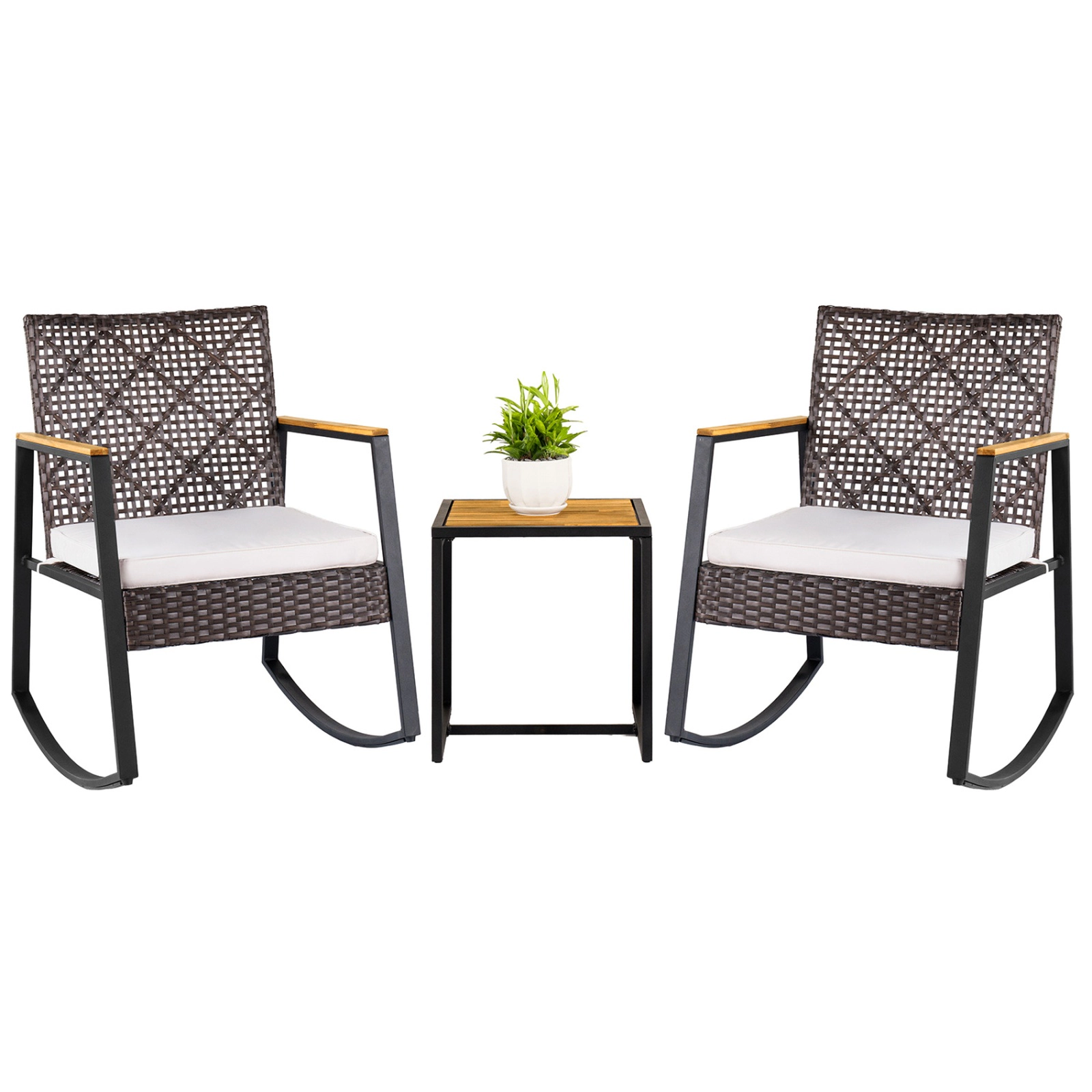 SUGIFT 3-Piece Mixed Brown Outdoor Wicker Rocking Chair Set with Coffee Table