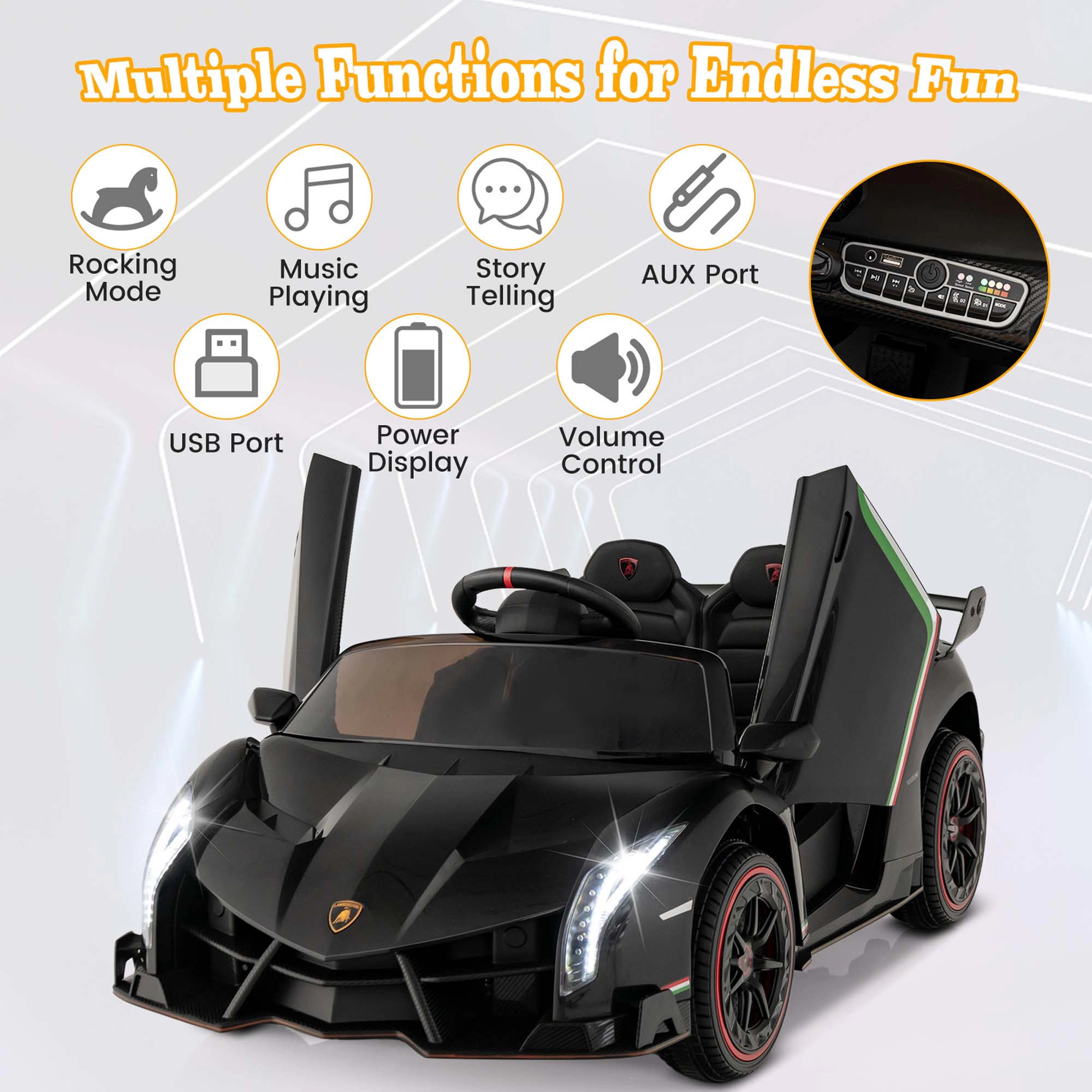 Costway Licensed Lamborghini 4WD Kids Ride-on Sports Car 12V Battery Powered with 3 Speeds Black