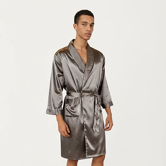 Anna-Kaci Men's Satin Robe with Shawl Collar Waist Tie and Front Pockets