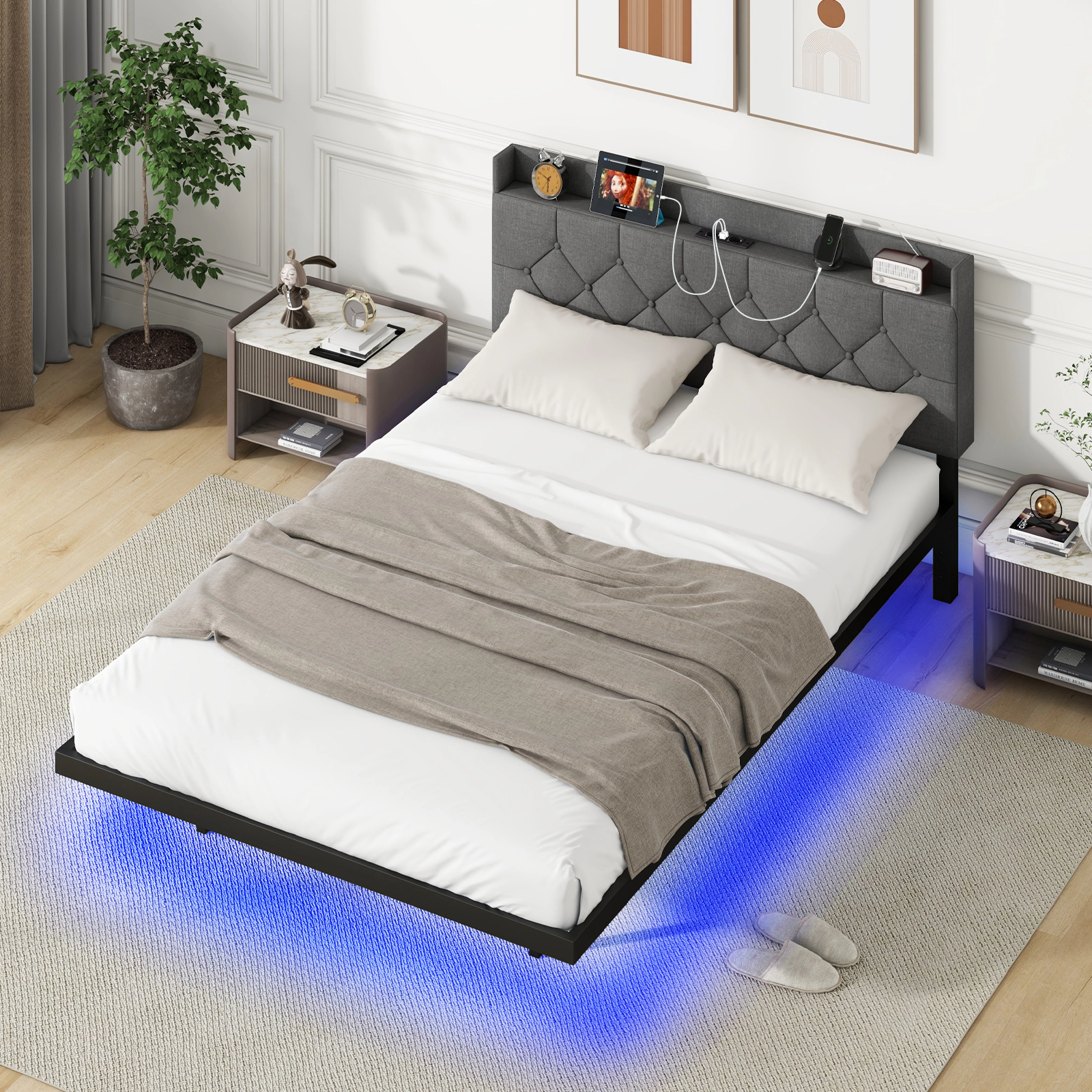 SUGIFT Full Size Floating Platform Bed with Smart LED Lights, Storage Headboard and Charging Station
