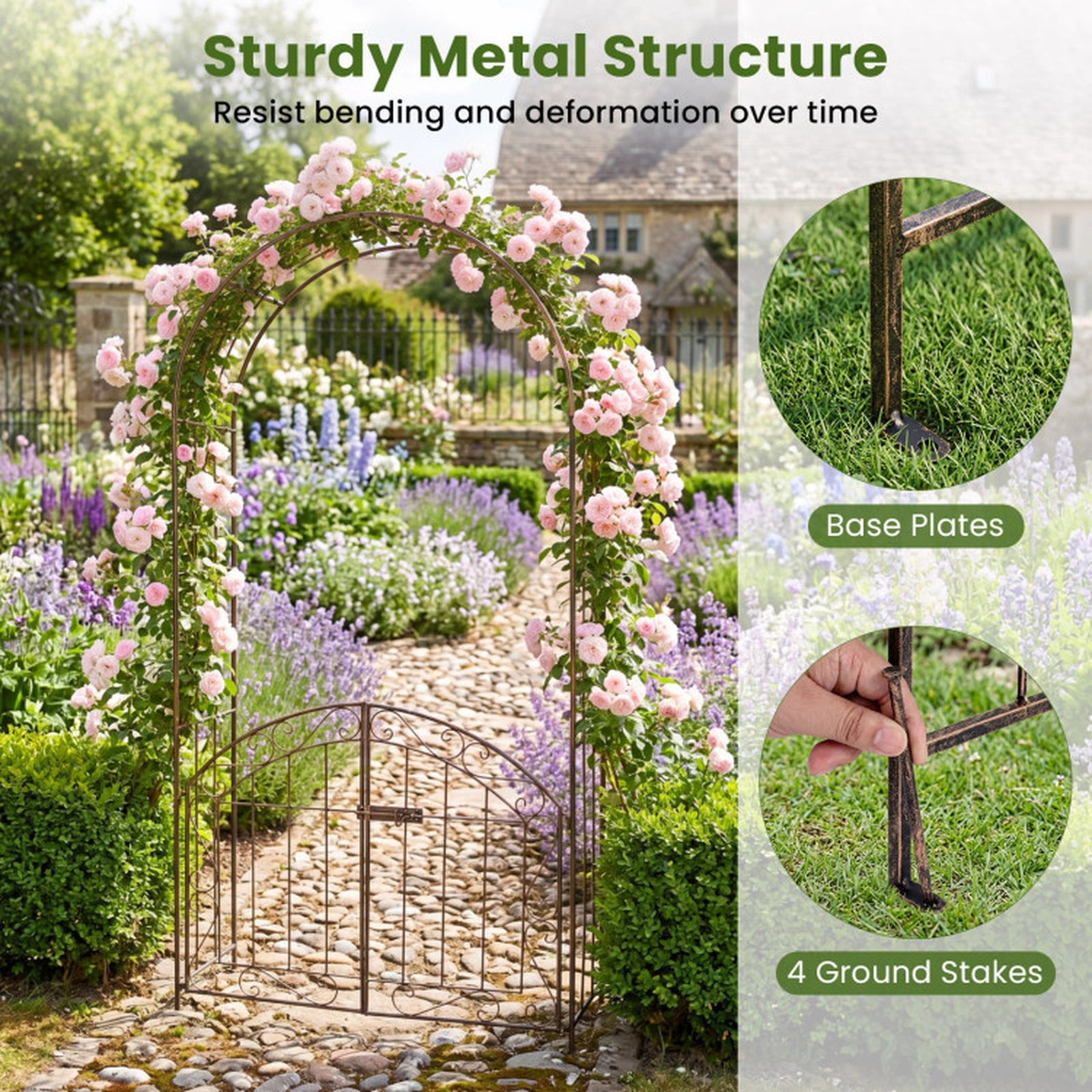 SUGIFT 79-in Bronze Heavy-Duty Metal Garden Arch with Lockable Gate Safety Latch and 4 Ground Stakes