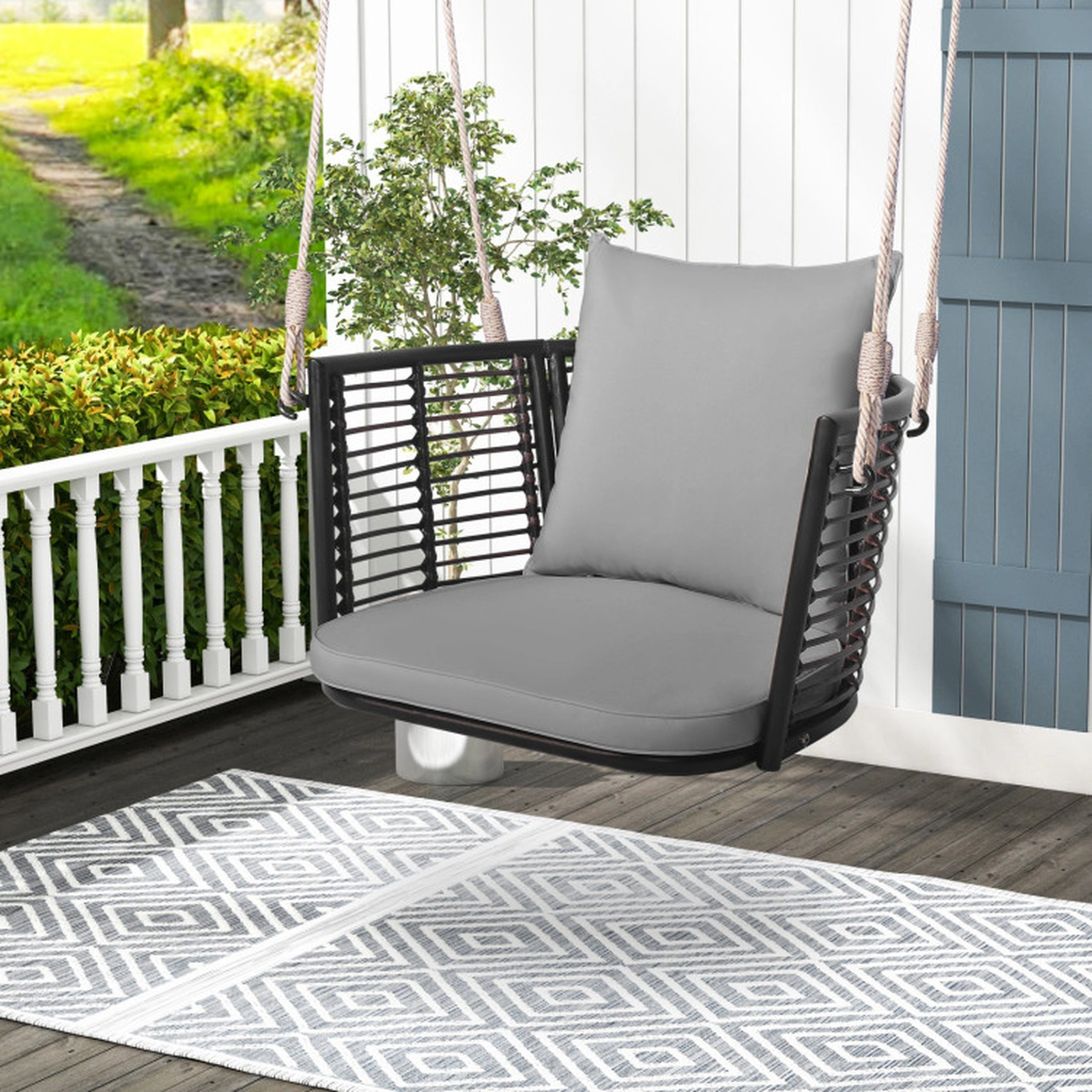 SUGIFT Gray Woven Rattan Backrest and Cushions Single Person Hanging Swing Seat