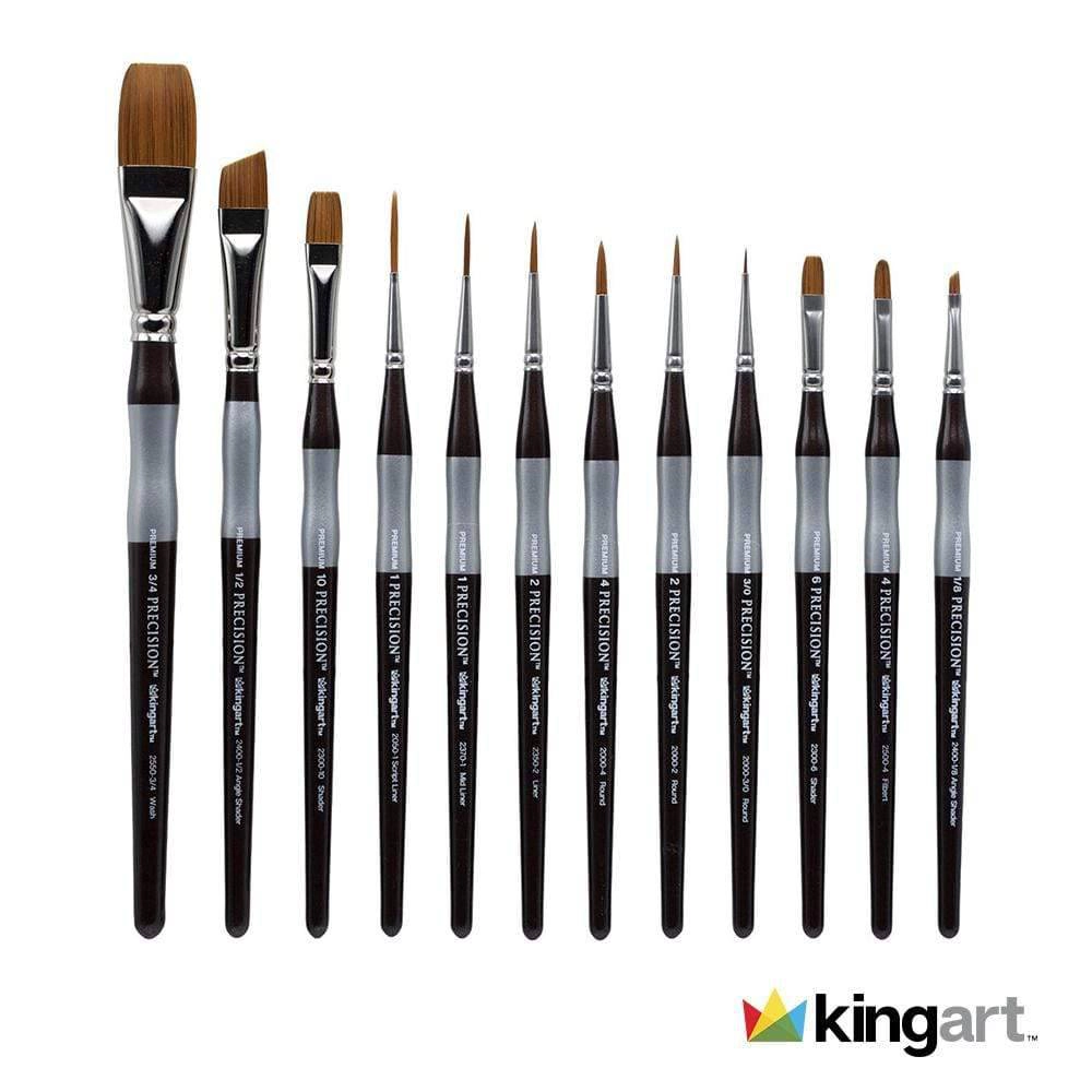 KINGART Precision Amber Taklon Comfort Handle Brush Set - 12 pc