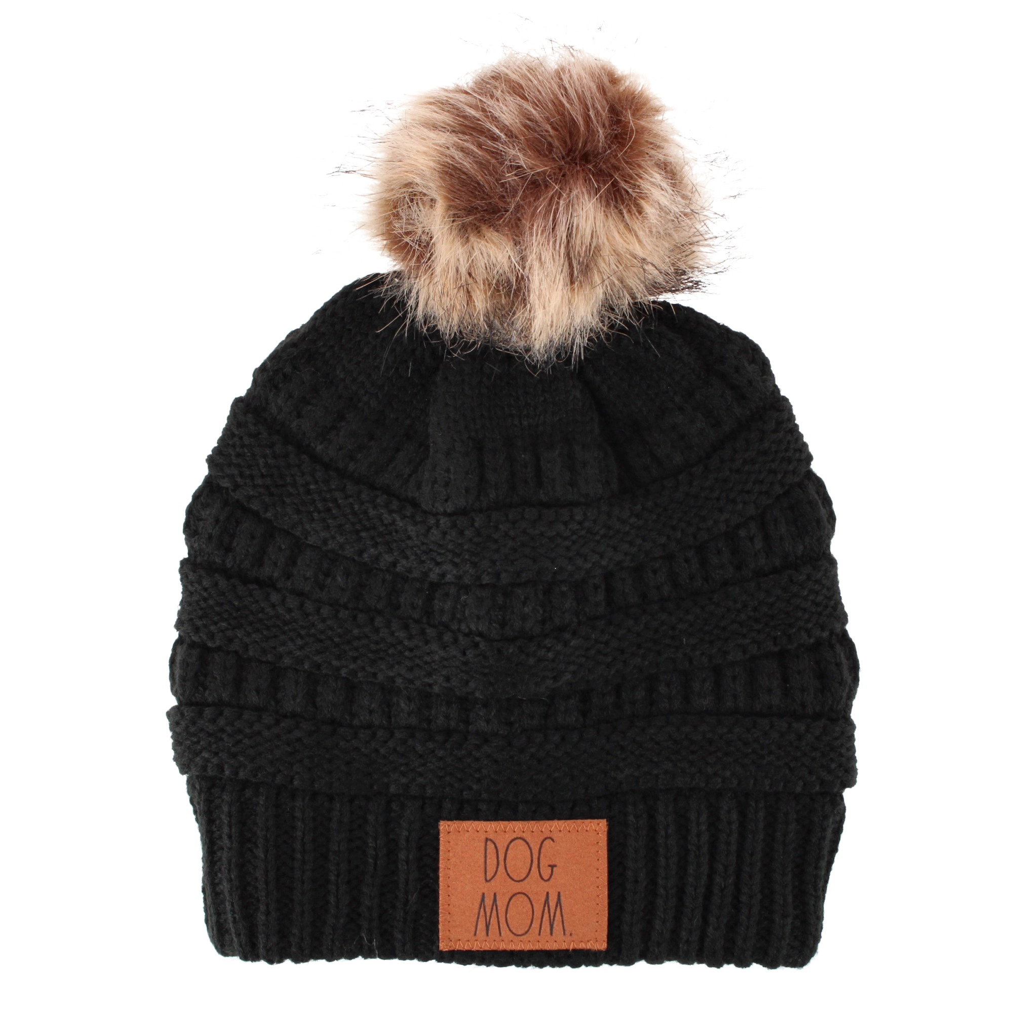 David & Young Women's Dog Mom Rib Knit Winter Beanie Pom Hat