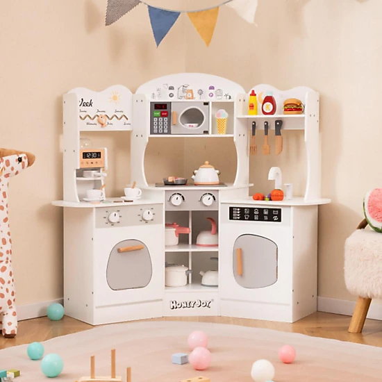 Hivvago Corner Wooden Play Kitchen with Coffee Machine and Slide for Kids