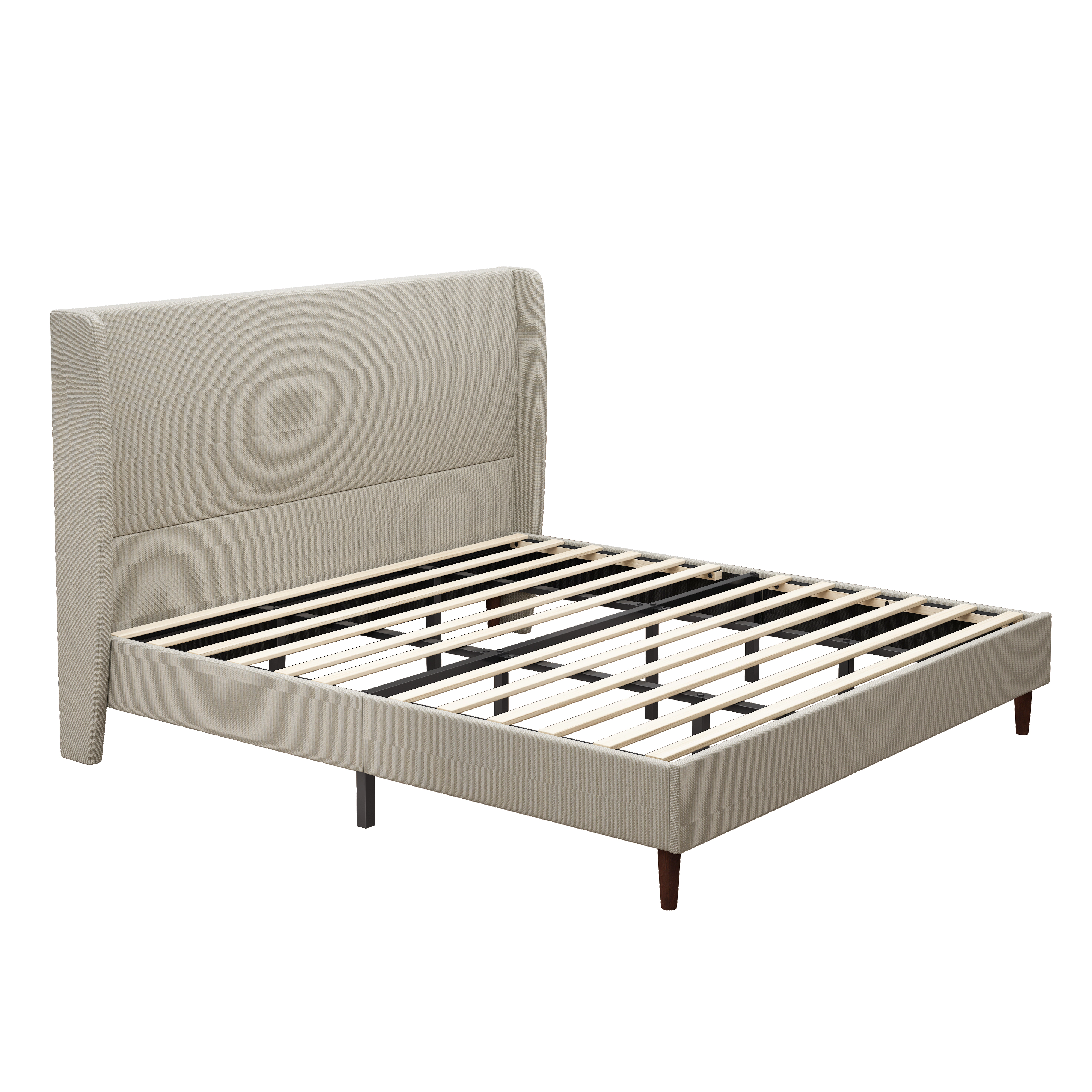 Flynama King Upholstered Bed with High Linen Headboard, 12-Slat Support, Beige