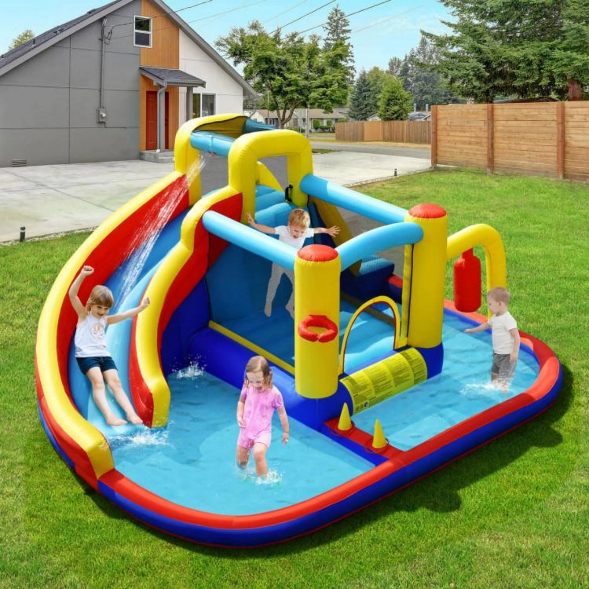 SUGIFT 7-in-1 169.5-in Inflatable Water Slide Bounce Castle with Splash Pool and Climbing Wall for Yard