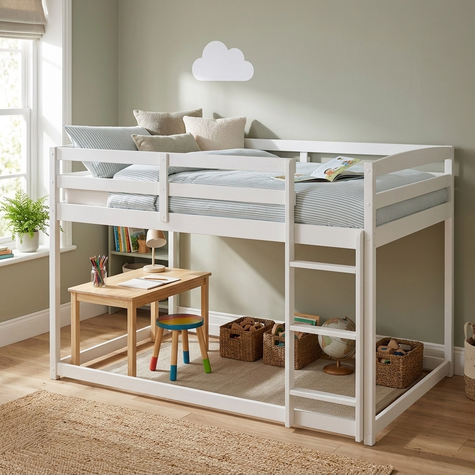 SUGIFT Full-Over-Full Low Bunk Bed, Solid Pine, 3-Step Ladder, 12-in Guardrails, White