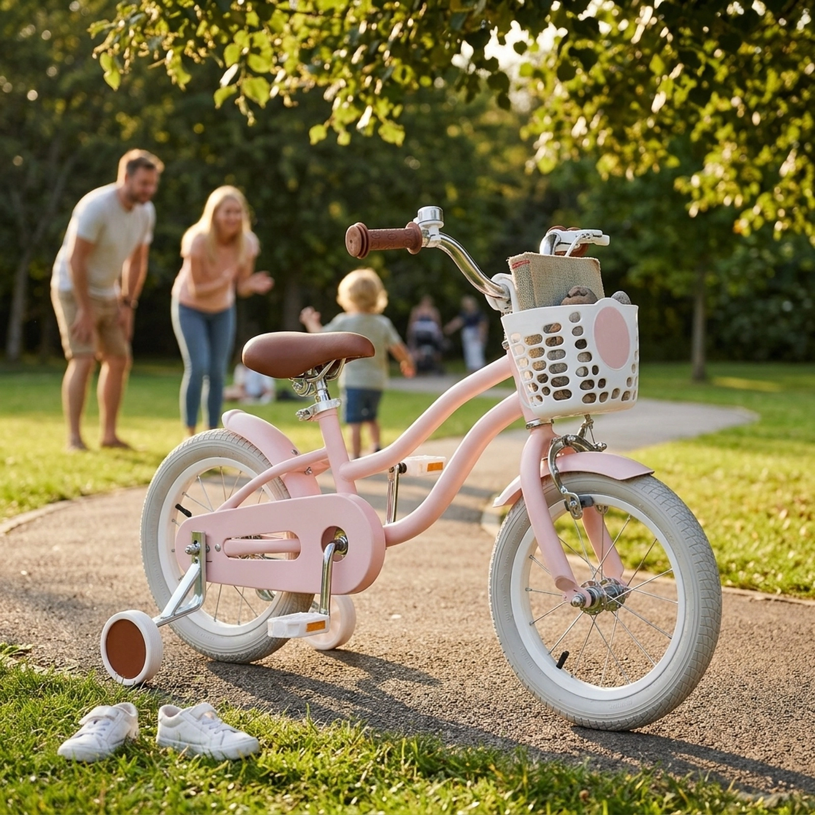 14-in Girls Bike with Training Wheels Removable Basket and Coaster Brake for Ages 3-5 Air Tires Kids Bicycle