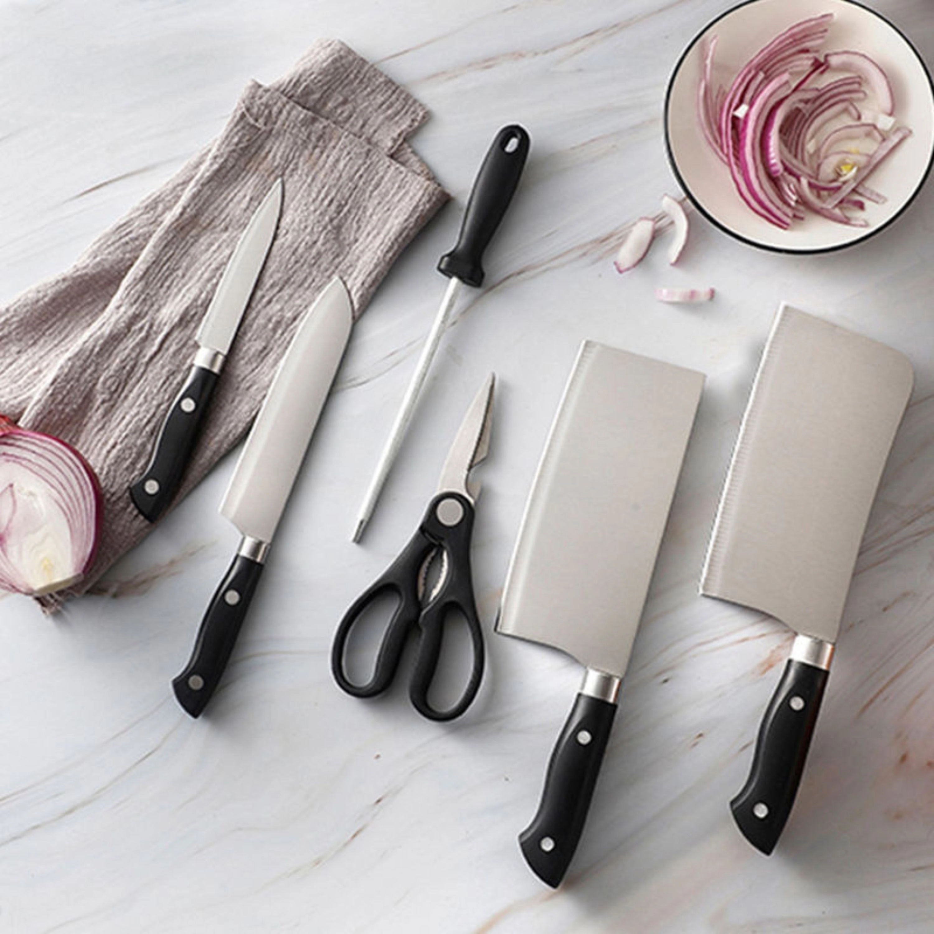 Kitcheniva 7-Piece Stainless Steel Knife Set With Plastic Block And Handle
