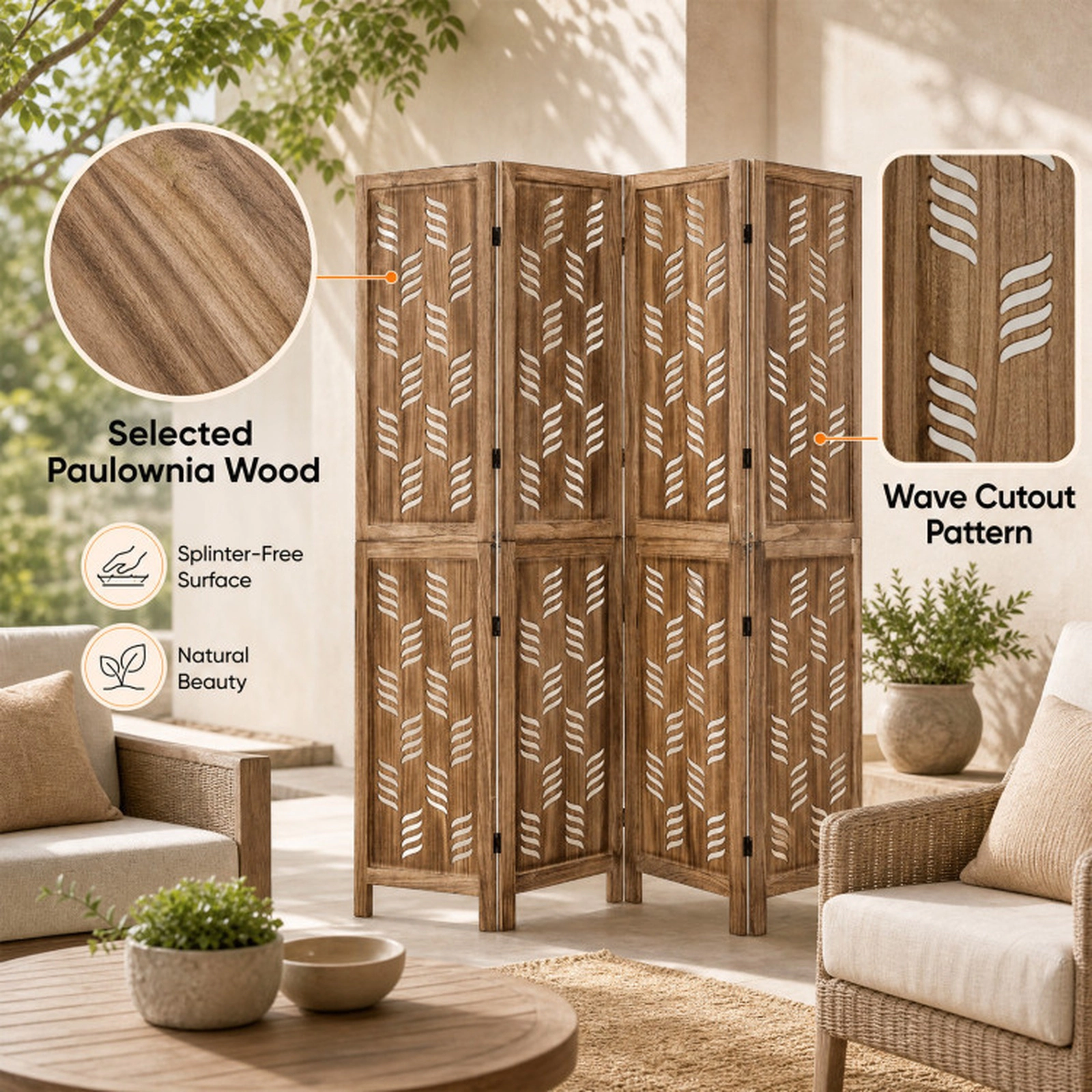 SUGIFT 4-Panel Paulownia Wood Room Divider with Wave Cutout 62 x 67 in Foldable Privacy Screen Brown White