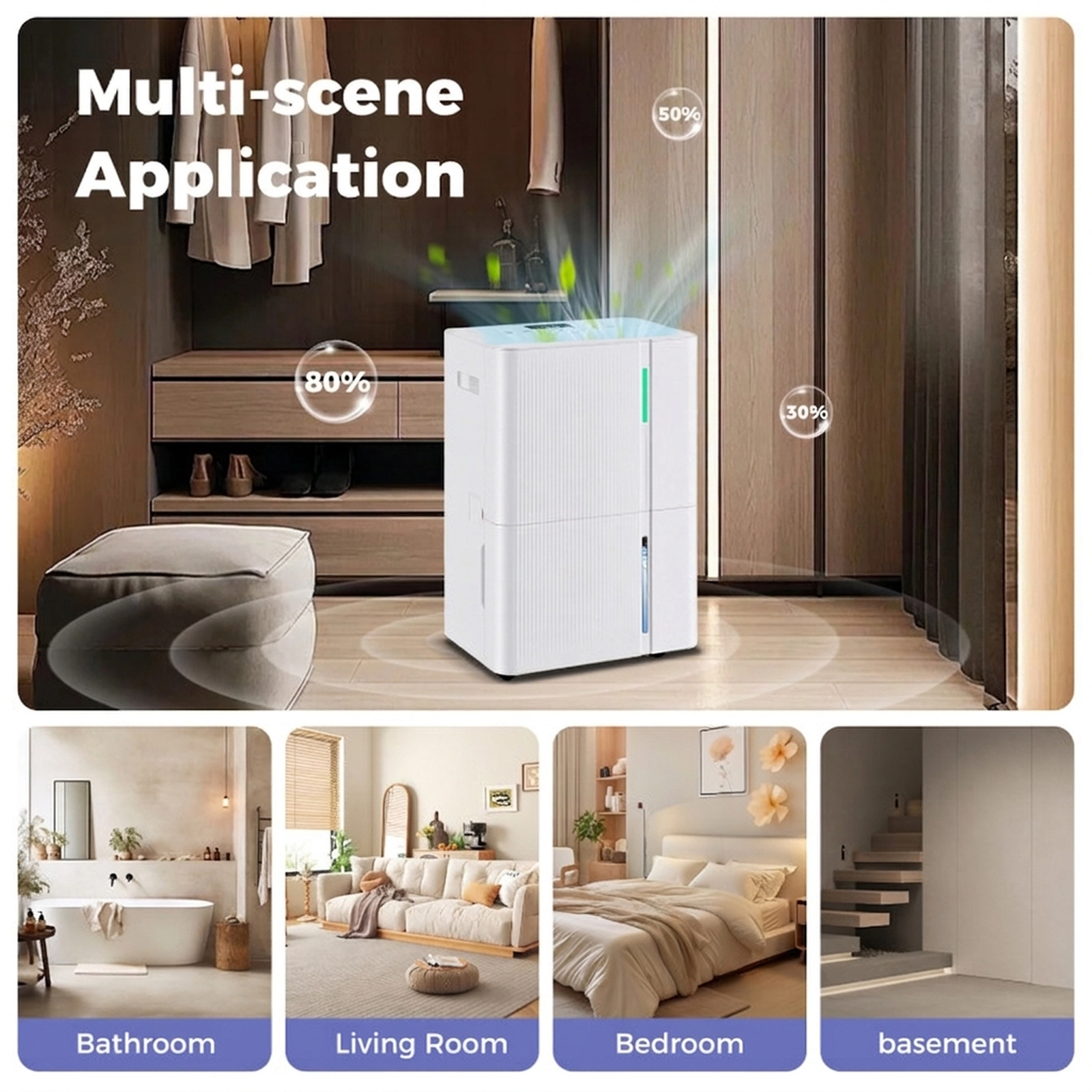 SUGIFT 74-Pint 4500-sq ft Dehumidifier with Touch Panel 1.2-gal Visible Tank 4 Wheels and Sleep Mode