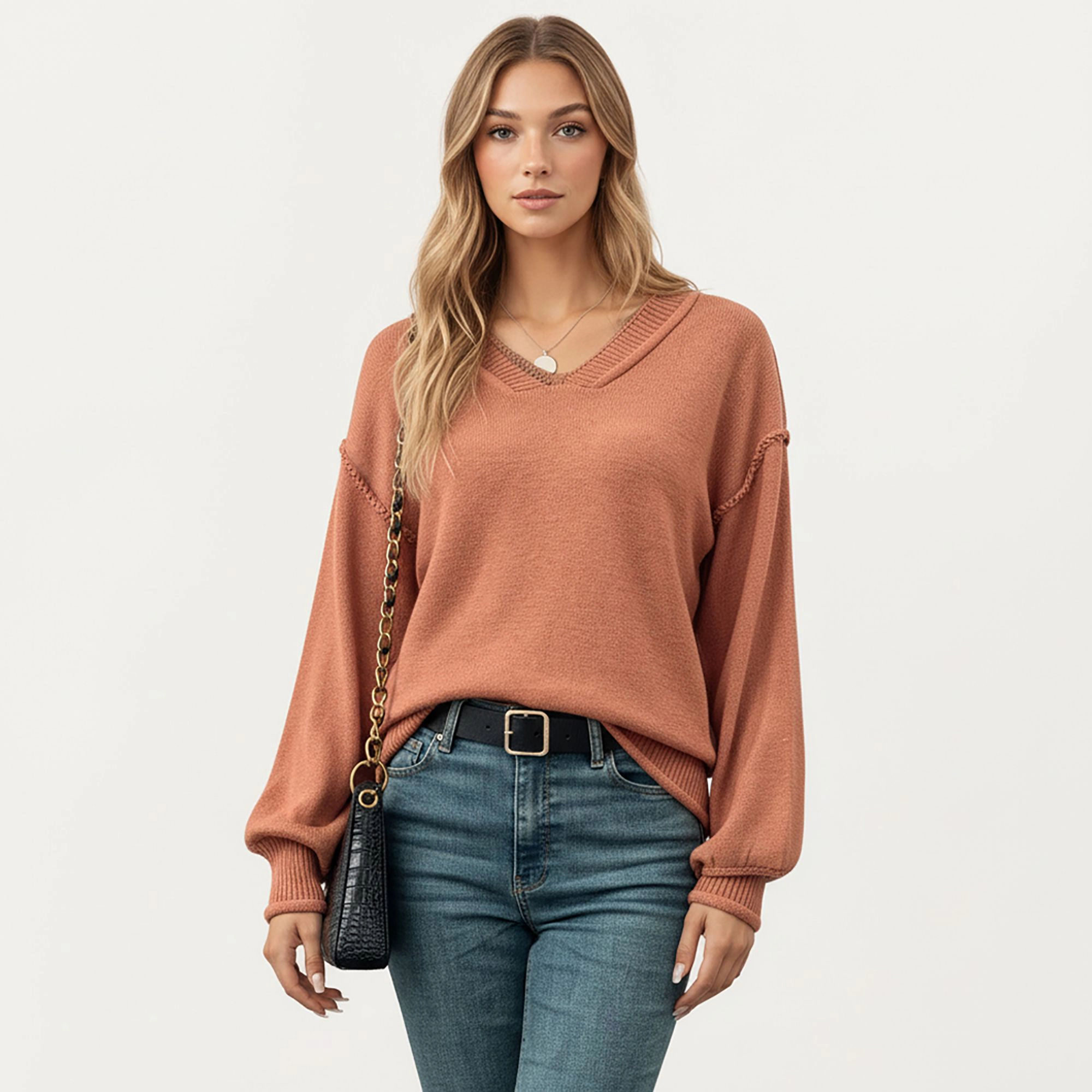 Anna-Kaci Women's V-Neck Knit Top with Soft Textured Finish and Layered Collar Detail for a Relaxed Chic Silhouette