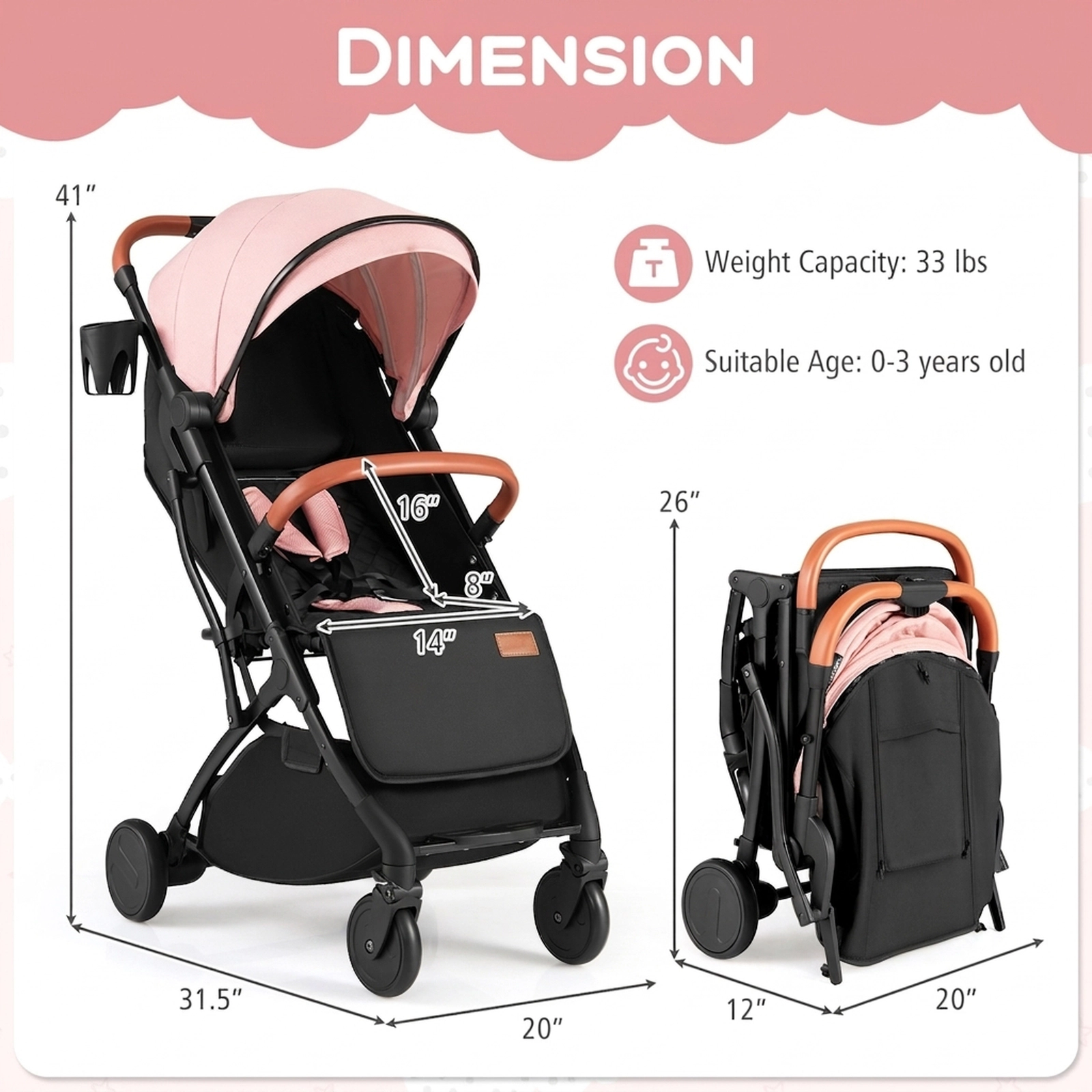 SUGIFT Baby Lightweight Aluminum Compact Travel Stroller One-Hand Fold 33-lb Capacity Ages 0-3 20 x 12 x 26-in Pink
