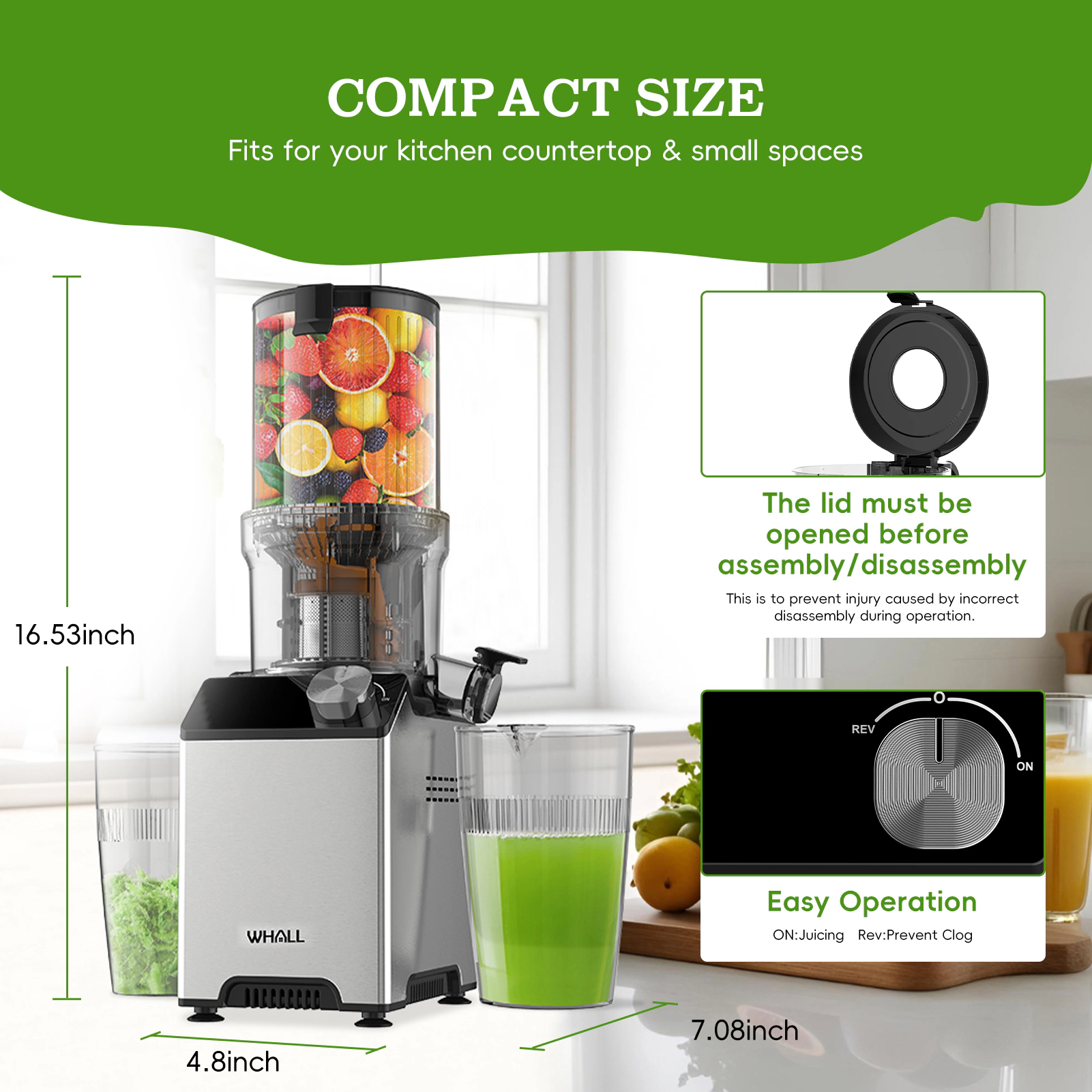 WHALL Cold Press Juicer Machine, Extra Large Feed Chute Slow Masticating Juicer for Whole Fruits & Vegetables, Silver