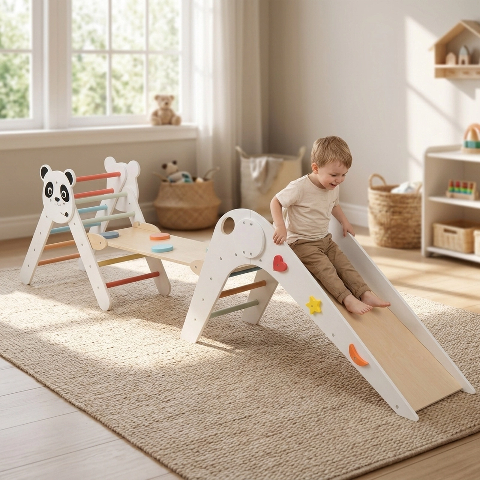 Foldable Kids Climbing Triangle Set Balance Bridge Rock Ramp Swivel Blocks 110-lb Per Piece Ages 3+ Panda Multicolor