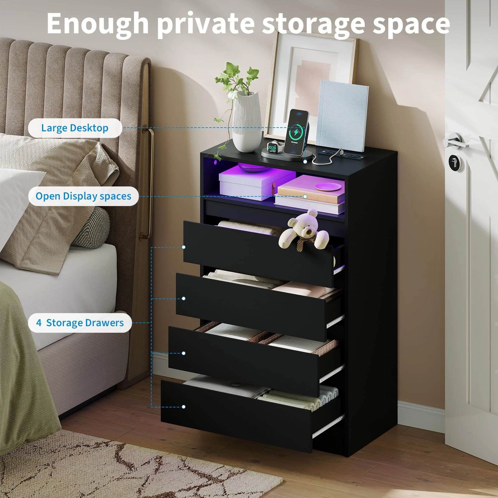 4 Drawer Dresser with Charging Station & LED Lights, Modern Chest Power Outlets for Bedroom