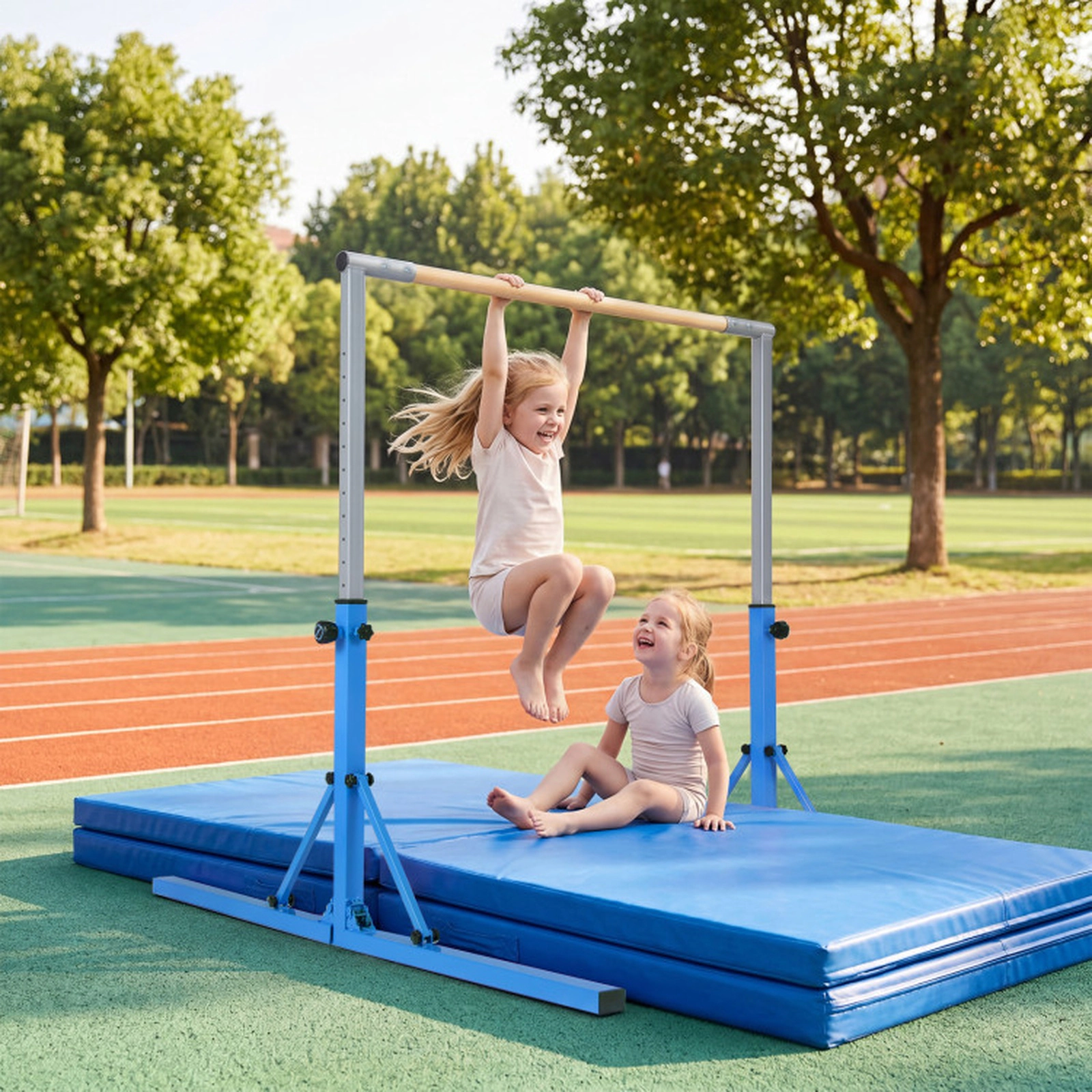 SUGIFT 265-lb Capacity 35.5-in to 59-in Adjustable Foldable Kids Gymnastics Bar with Bamboo Grip and Wheels