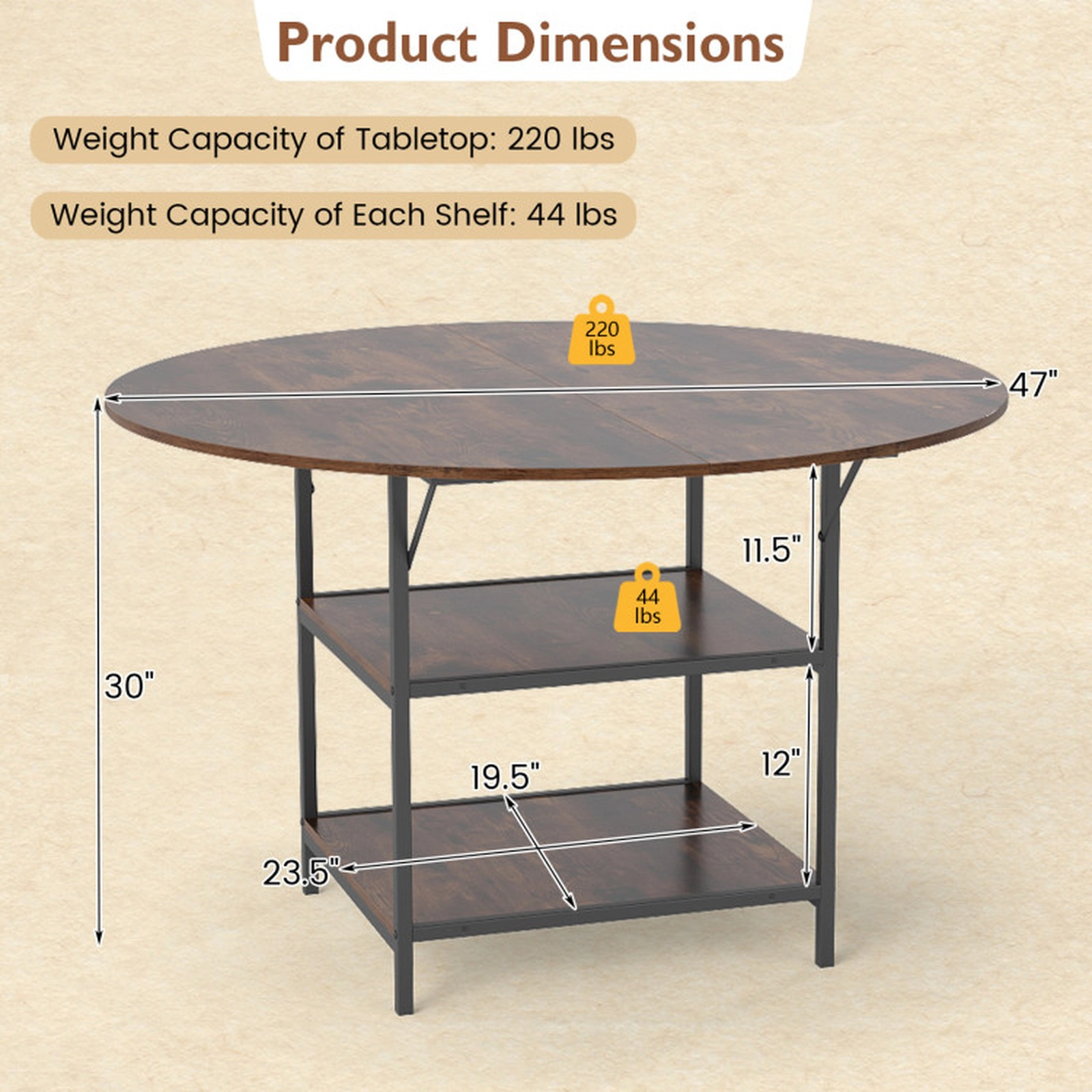 SUGIFT 47-in Round Breakfast Nook Dining Table with 2-Tier Storage Shelves, Seats 4 to 6