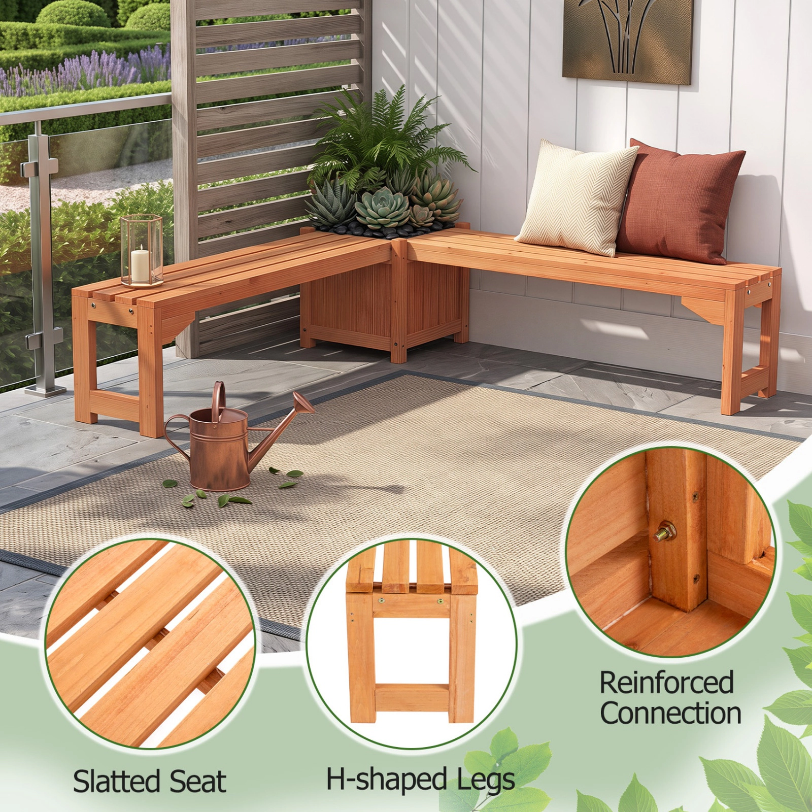 SUGIFT 2-in-1 Raised Planter Box 2-Person Seat Fir Wood Garden Bench 53-in x 14-in x 14-in 660-lb Capacity Natural