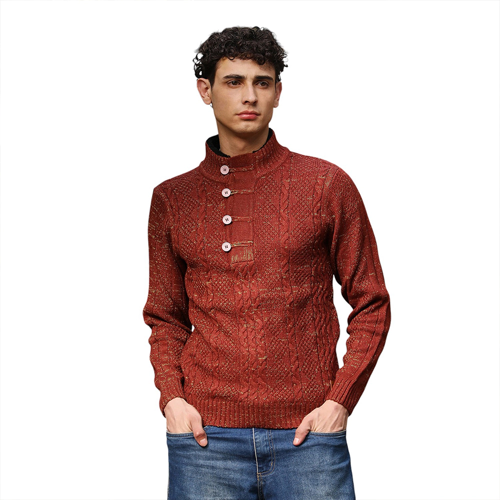 Cahoot Heathered Cable-Knit Sweater - Stand Collar, Long Sleeve, Brown