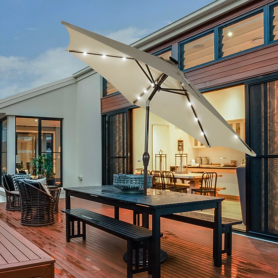 SUGIFT 9-ft Blue Solar LED Market Patio Umbrella with Push Button Tilt Crank Lift and 6 Ribs 8-ft H