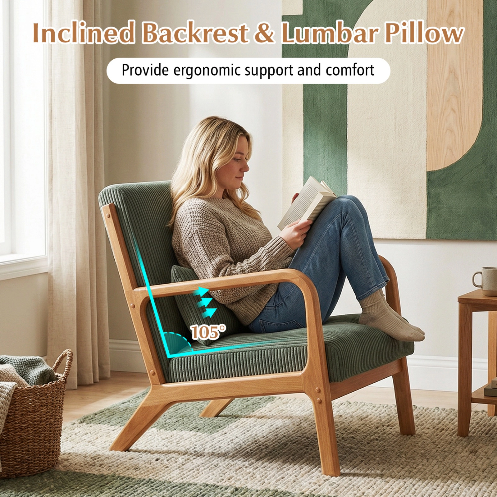SUGIFT Lumbar Pillow and Wood Frame 350-lb Corduroy Upholstered Lounge Accent Chair