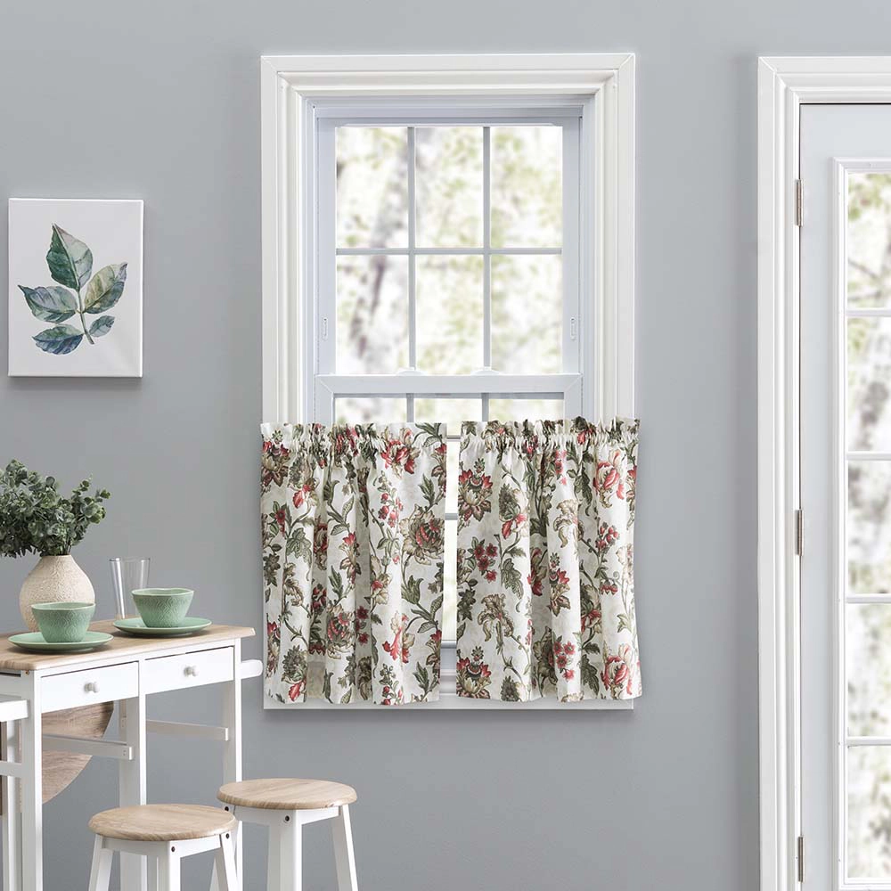Ellis Curtain Madison Floral Design Printed Natural Ground 1.5" Rod Pocket Tailored Tier 56" x 36" Brick