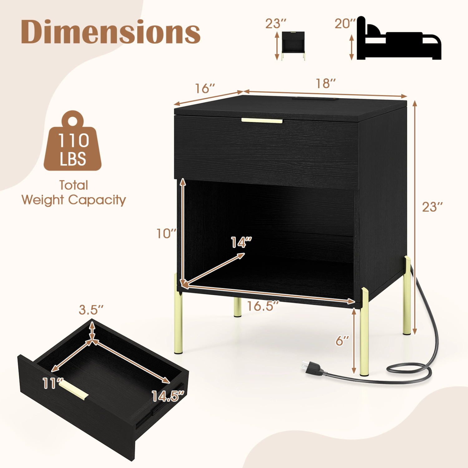 LJG Modern Nightstand with Charging Station