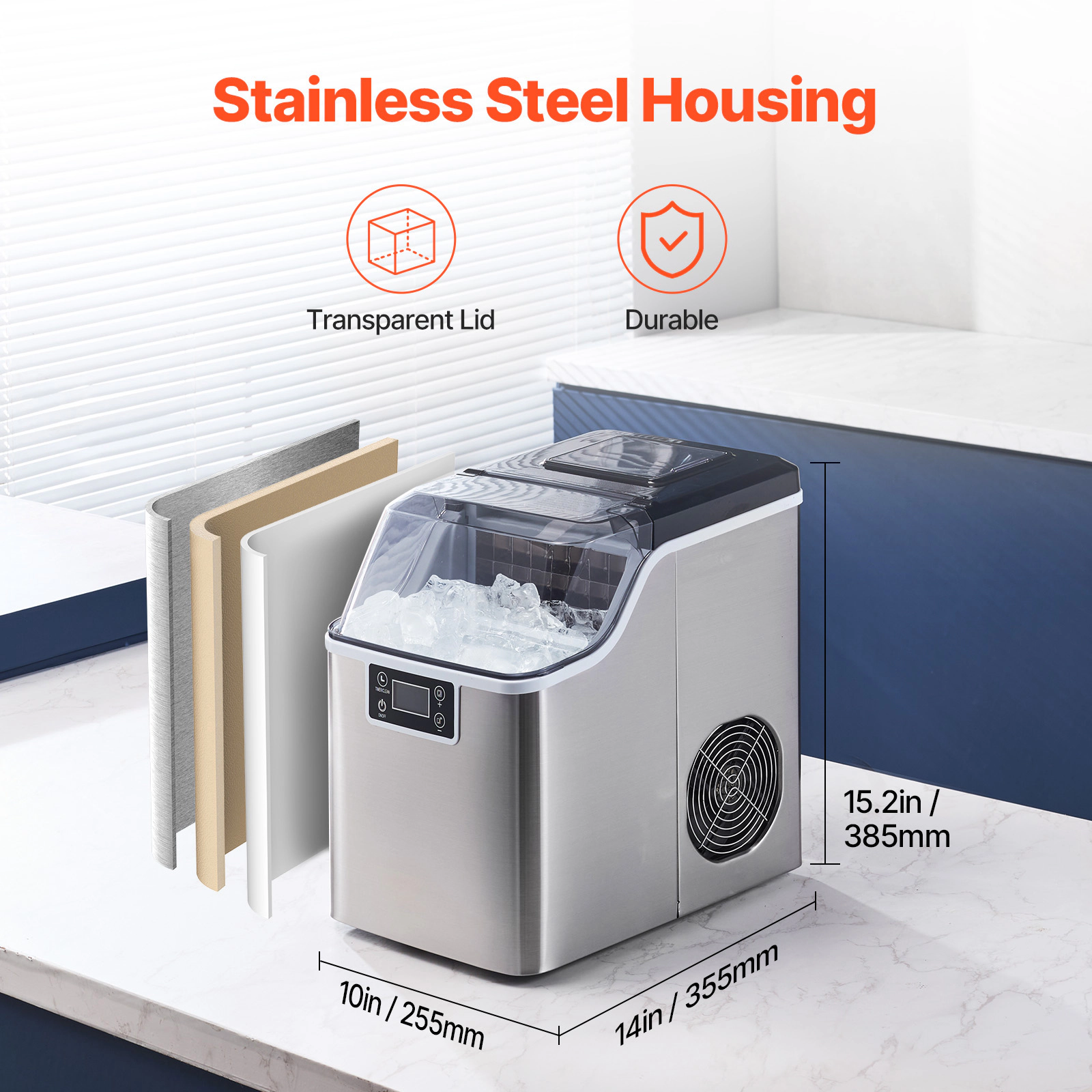 HONGGE Countertop Ice Maker, Ready in 15 Mins, Self-Cleaning Portable Ice Maker