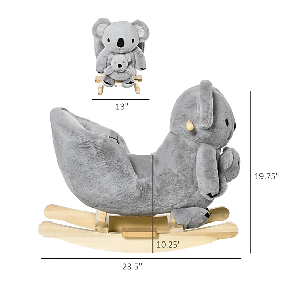 HONGGE Koala-Shaped Plush Rocking Horse for Toddlers 18-36 Months, Wood & Metal Frame, Holds up to 99 lbs, Gray