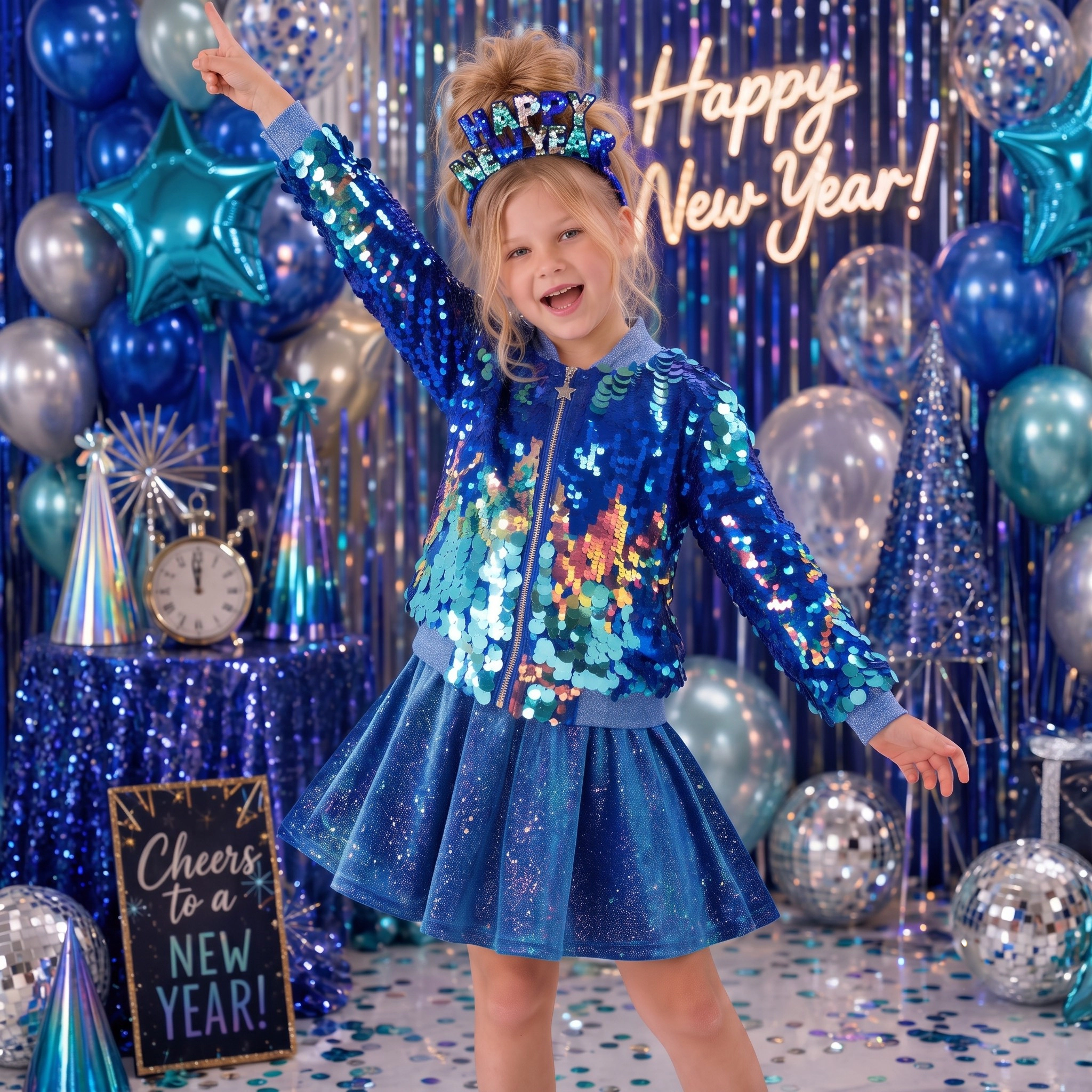 2Bunnies Girls' Cosmic Cerulean Sequin Holiday Party Bomber Jacket