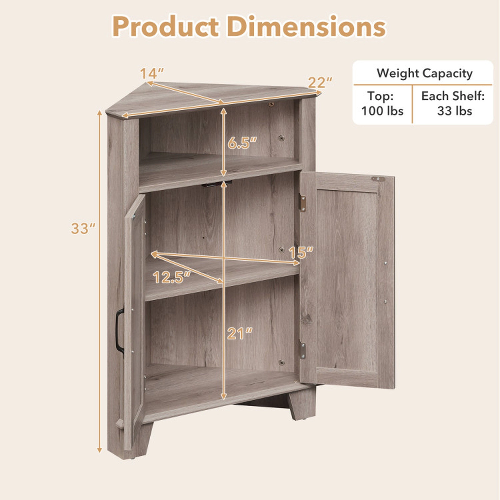 SUGIFT 4-Tier Corner Storage Cabinet with Open Shelf 100-lb Top Capacity 33-lb Shelf Capacity Gray
