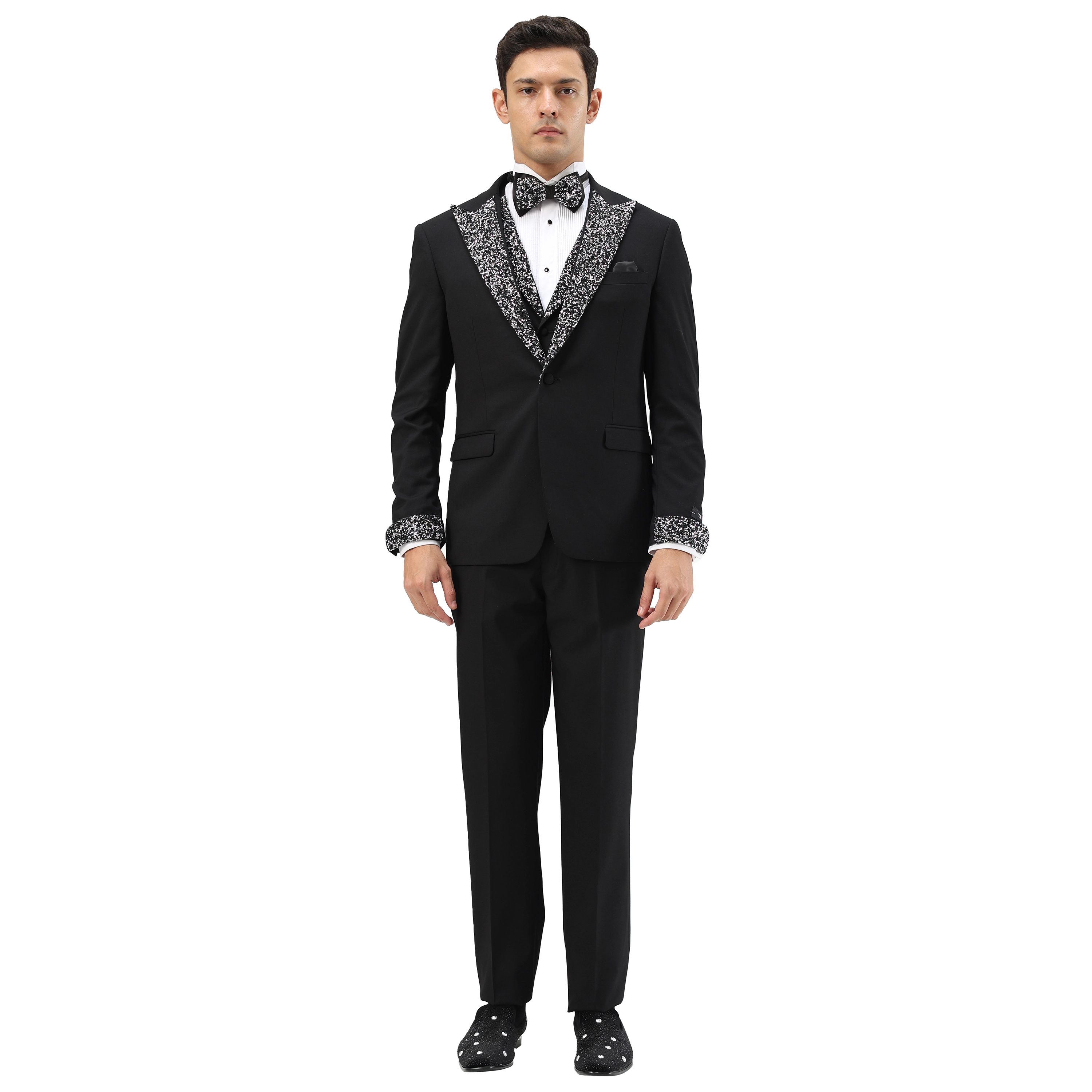 Tazzio Men's Skinny Fit Rhinestone Peak Lapel 3-Piece Suit Set