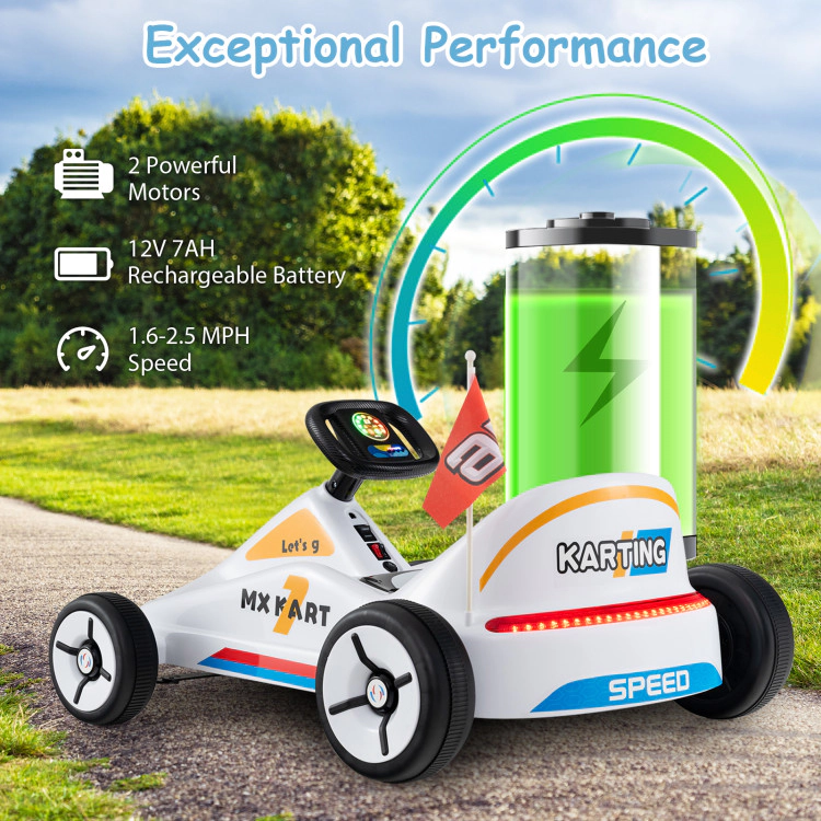SUGIFT 12V Electric Ride-On Go Kart with Remote Control and Music 66-lb Capacity Ages 3+ 33-in Body White
