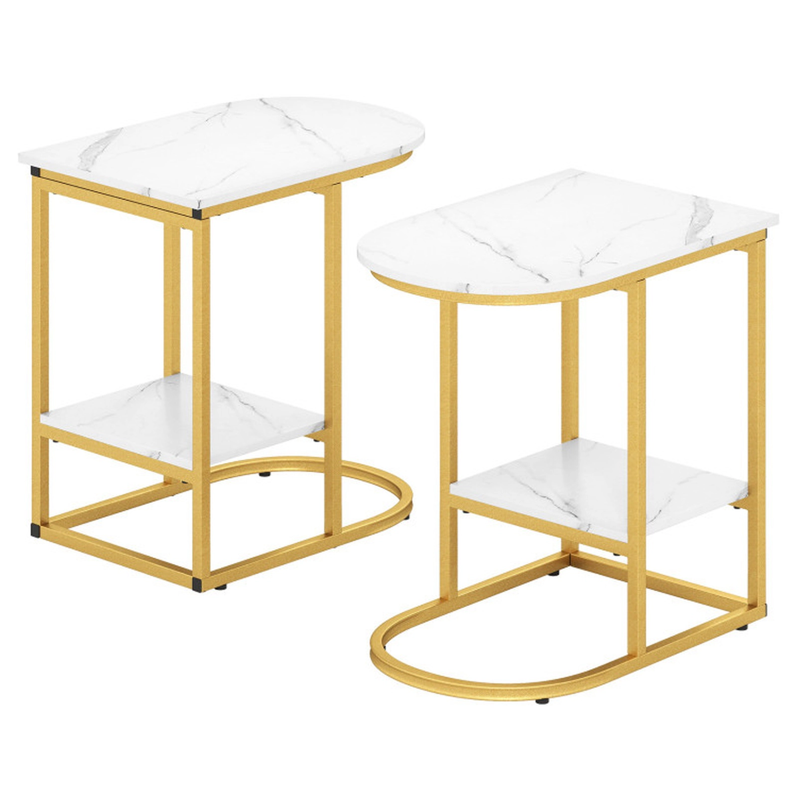 SUGIFT C-shaped Sofa Side Table with Storage Shelf Faux Marble Tabletop 66-lb Tabletop Capacity 24-in Tall White