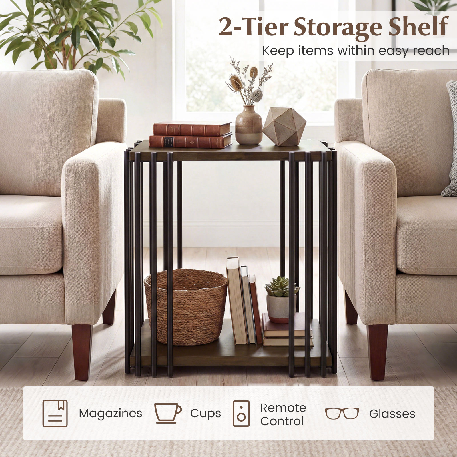 Glintex Rubber Wood Side Table with 2-Layer Shelves and Black Metal Frame, Walnut