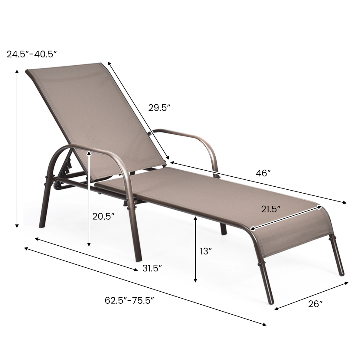 SUGIFT 2-Piece Adjustable Outdoor Patio Chaise Lounge Chair Set Fabric Seat Reclining Armrests 350-lb Capacity Brown
