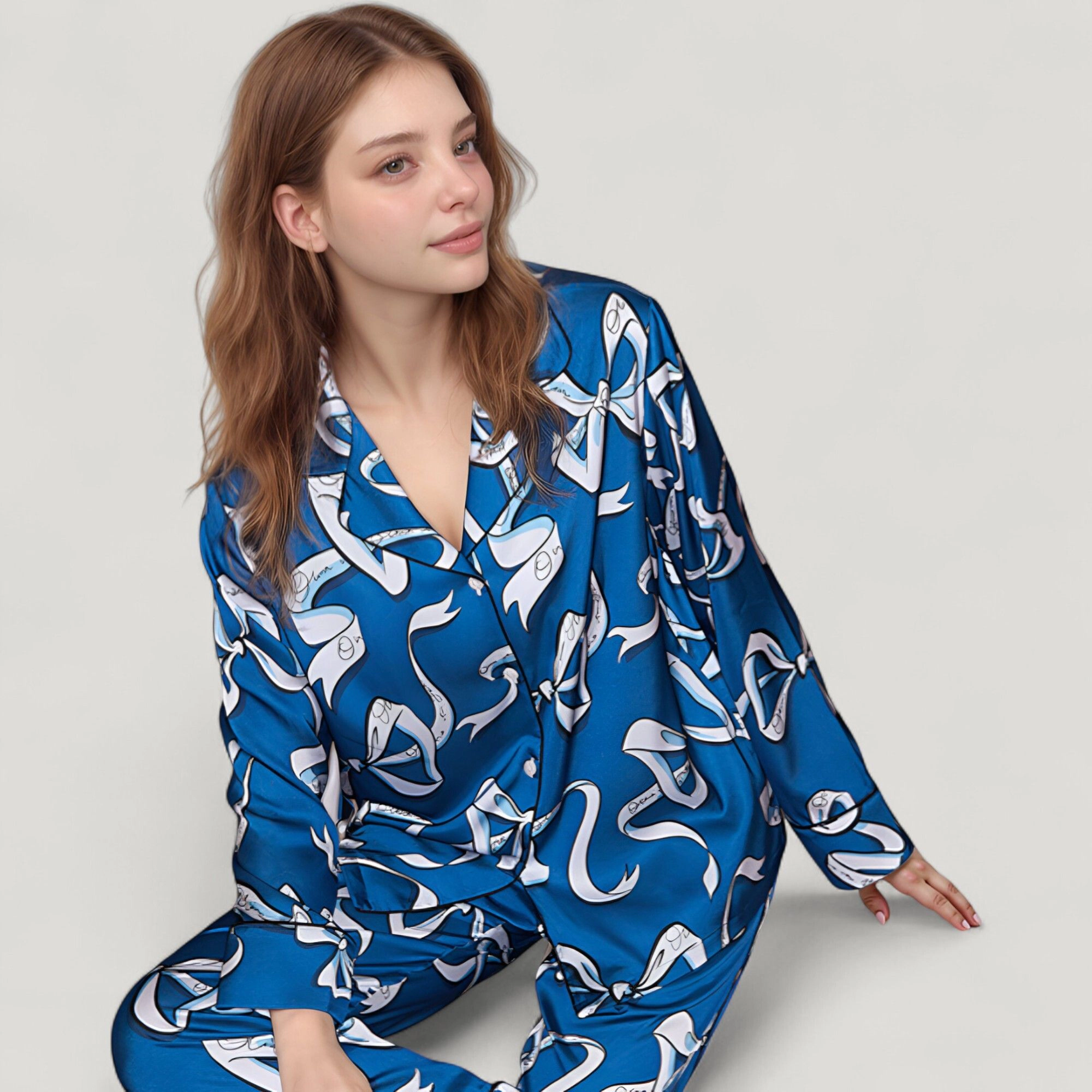 Anna-Kaci Women's Eel Print Pajama Set with Button Down Long Sleeve Top and Relaxed Fit Wide Leg Woven Pants