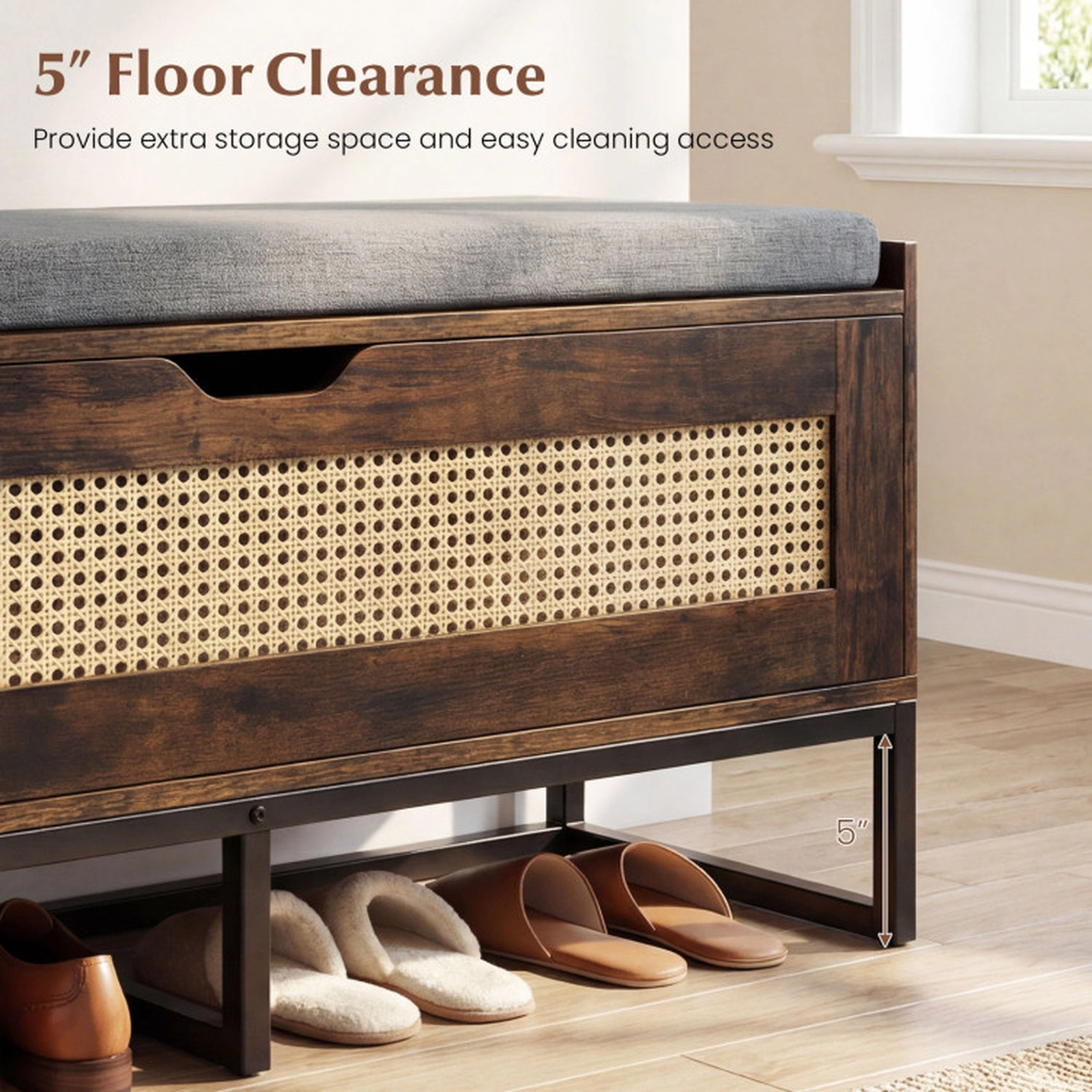 SUGIFT 39.5-in 440-lb Capacity Rattan Wicker Shoe Storage Bench with Flip Top and Padded Seat