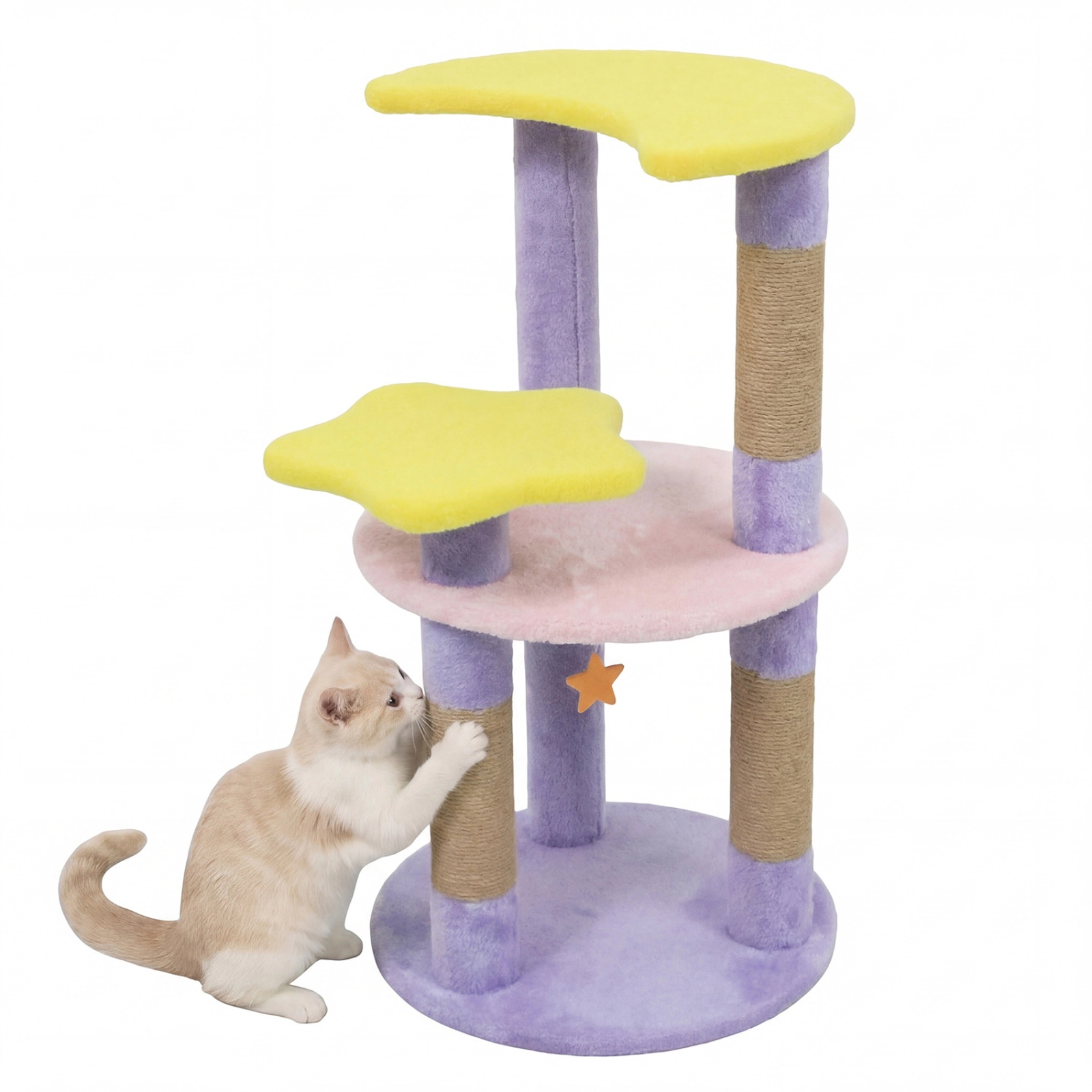 SUGIFT 29-in Modern Cat Tree with Star & Moon Shaped Platforms 11-lb Net Weight 4-Layer Climbing Tower Purple+Yellow