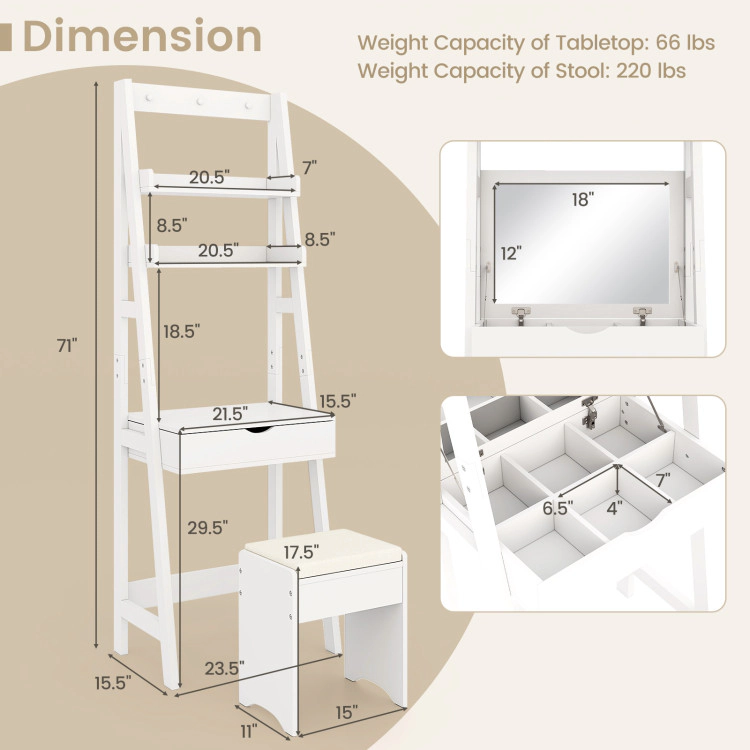 Hivvago Vanity Desk Set With Flip Top Mirror  Hidden Storage Compartments And Cushioned Stool